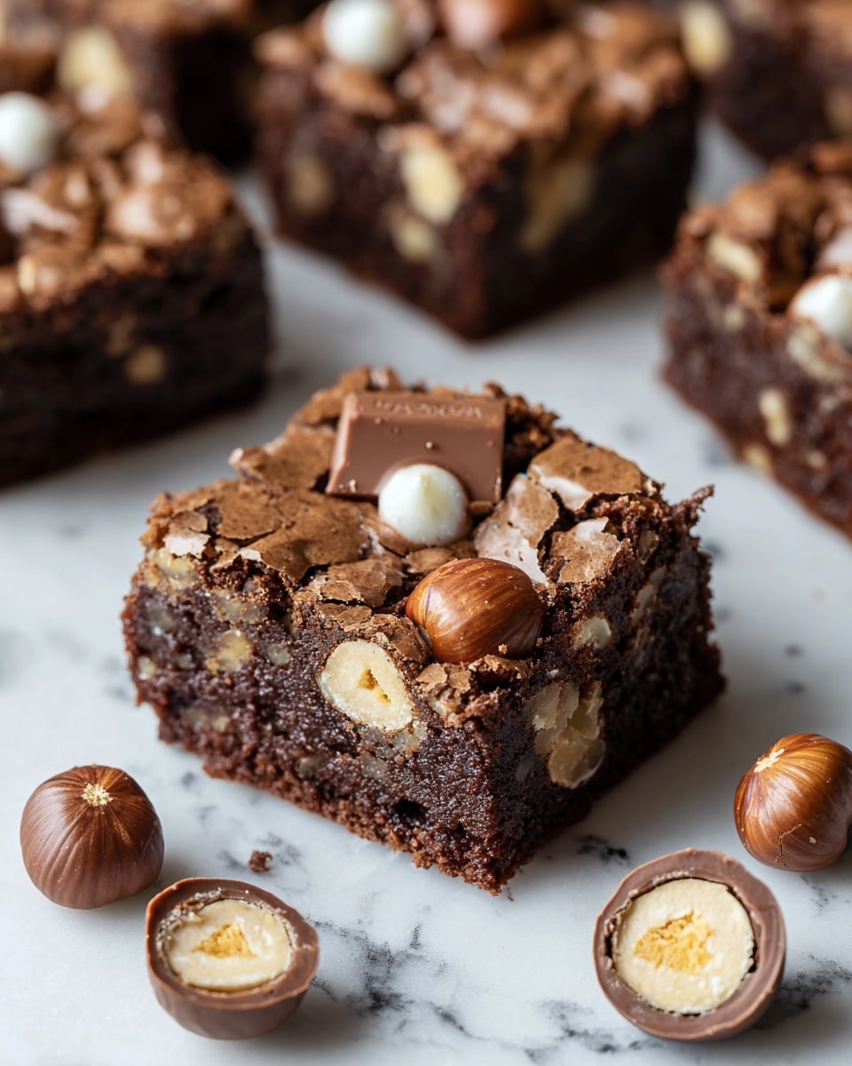 The image shows a close-up of a chocolate brownie square on a white marbled surface. The brownie has three main visible layers: the dense and moist dark brown base filled with pieces of nuts, a cracked shiny chocolate crust on top with a slightly lighter brown color, and scattered chunks of smooth milk chocolate and whole hazelnuts embedded in the top layer. Around the brownie, there are halved chocolate-covered hazelnuts exposed with creamy white and brown layers inside, showing a golden hazelnut center. The background features more brownie squares blurred out, giving depth to the image. Photo taken with an iphone --ar 4:5 --v 7