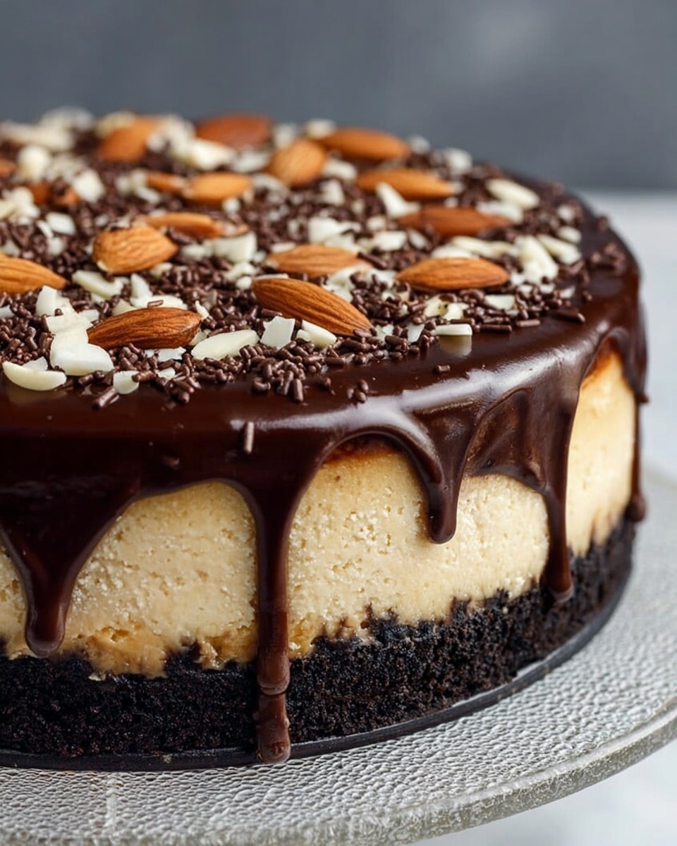 A close-up of a slice of cheesecake on a white plate sitting on a white marbled surface. The cheesecake slice has three main layers: a thick, dark chocolate crumb base at the bottom, a thick middle layer of creamy off-white cheesecake with small nut pieces inside, and a glossy dark chocolate topping. The top layer is sprinkled generously with toasted sliced almonds and coconut flakes, giving it a textured, crunchy look. In the background, blurred slices of the same cheesecake sit on a white plate. Photo taken with an iphone --ar 4:5 --v 7