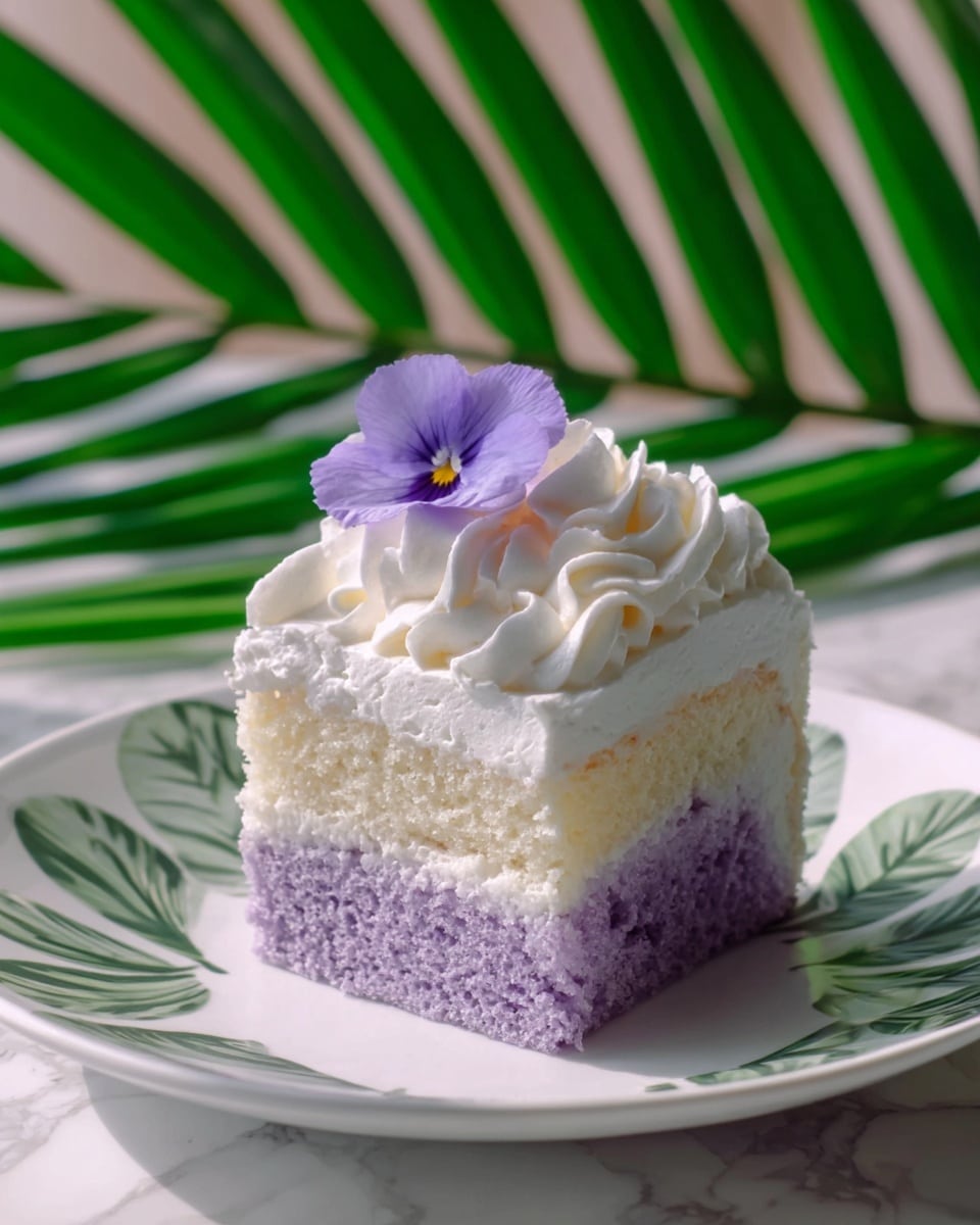 A slice of two-layer cake sits on a white plate with green leaf patterns over a white marbled surface. The bottom layer is light purple with a soft, spongy texture, topped by a thin layer of creamy purple filling. The top layer is white and fluffy, covered with swirls of white whipped cream on top. A single purple flower with delicate petals rests on the whipped cream, adding a gentle pop of color. The background features a large green palm leaf, giving a fresh and tropical feel. photo taken with an iphone --ar 4:5 --v 7