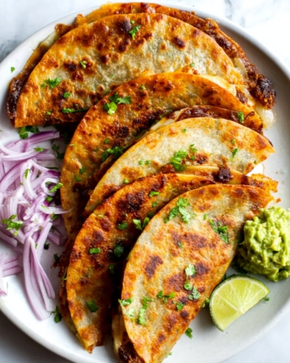 The image shows four golden brown quesadillas arranged on a white plate on a white marbled surface. Each quesadilla is folded in half, with crispy edges and melted cheese visible through slight openings. Finely chopped green herbs are sprinkled on top, adding touches of green. On the left side of the plate, there is a small pile of thinly sliced purple onions and a wedge of lime. On the bottom right, there is a small scoop of chunky guacamole with bits of avocado visible. The lighting is natural, highlighting the textures and warm colors of the food. Photo taken with an iphone --ar 4:5 --v 7