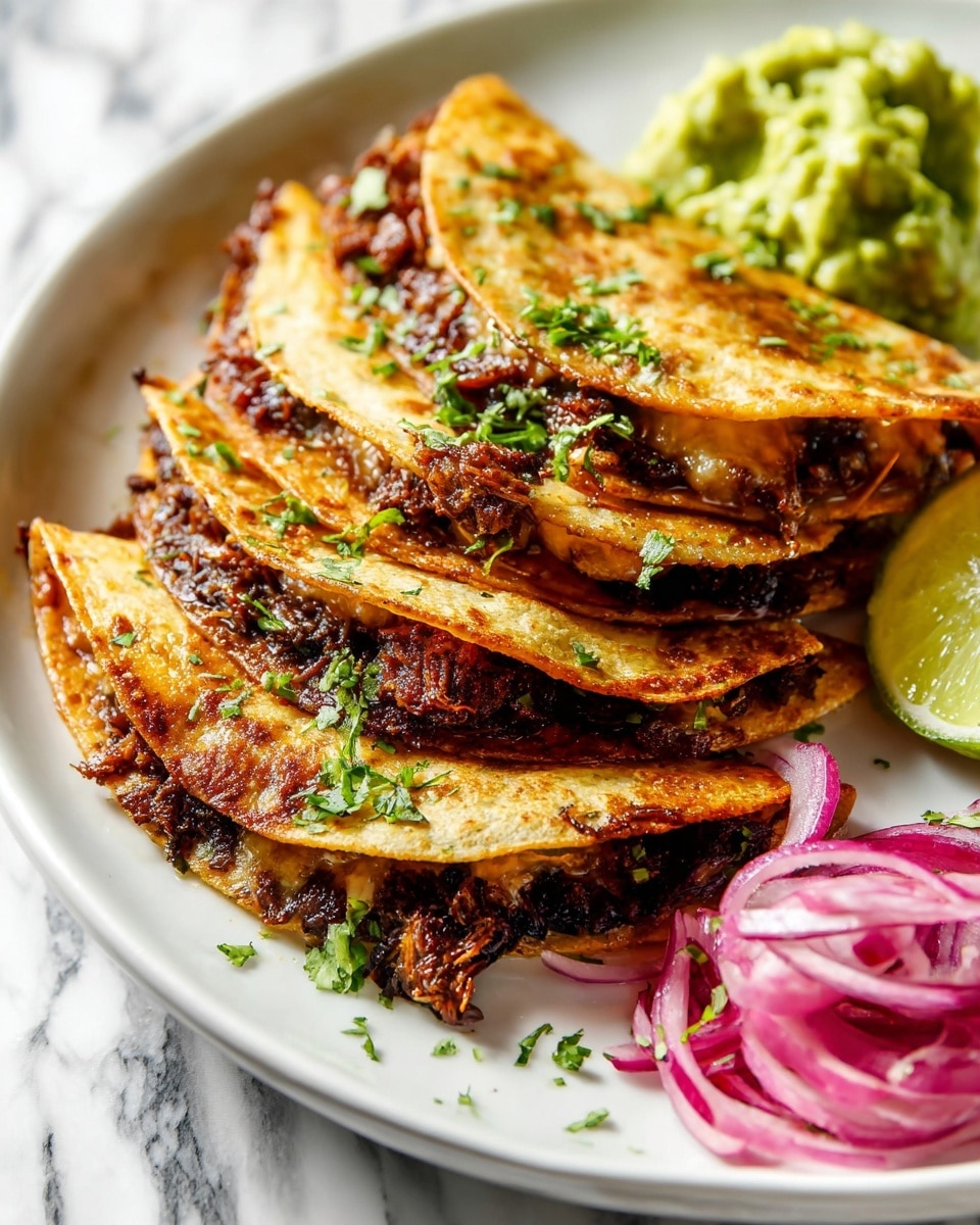 A white plate holds a stack of four folded, golden-brown tortillas filled with a dark, rich meat mixture that looks slightly crispy and juicy, with a sprinkle of chopped green herbs on top. On the plate next to the tacos, there are thin slices of purple-red raw onion and a small heap of green guacamole, garnished with a lime wedge. The plate sits on a white marbled surface. The colors are warm and vibrant, showing the textures of crispy edges, smooth guacamole, and glossy onion rings. Photo taken with an iphone --ar 4:5 --v 7