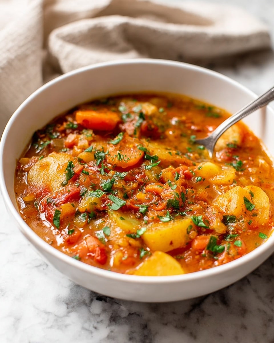 A white bowl filled with a thick stew showing multiple layers of chunky vegetables in a rich orange-red broth, including yellow potato pieces, orange carrot slices, and red bits that might be tomatoes or peppers. The surface is sprinkled with chopped green herbs, adding contrast and texture. A silver spoon rests inside the bowl, partially submerged in the stew, catching some of the sauce. The bowl is set on a white marbled textured surface with a beige cloth in the background. photo taken with an iphone --ar 4:5 --v 7