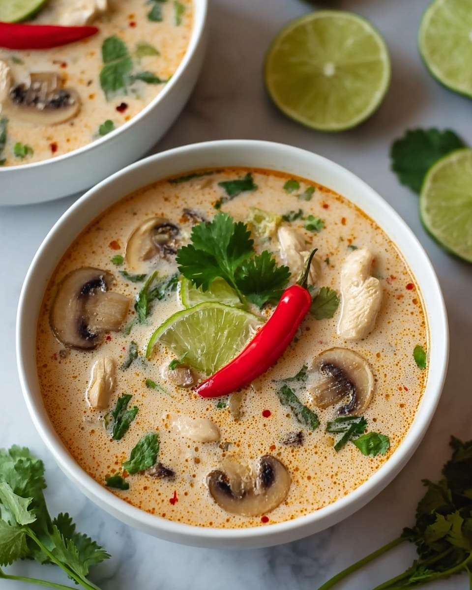 The image shows a white bowl filled with a creamy orange soup, with visible chunks of white chicken, a dark dried chili, sliced mushrooms, and pieces of red and green vegetables. There are green onion slices and fresh cilantro leaves floating on top along with a small lime wedge. The bowl is set on a white marbled texture surface, with a halved lime and some cilantro placed beside it, and another white bowl of the same soup partly visible in the background with a spoon inside. Photo taken with an iphone --ar 4:5 --v 7
