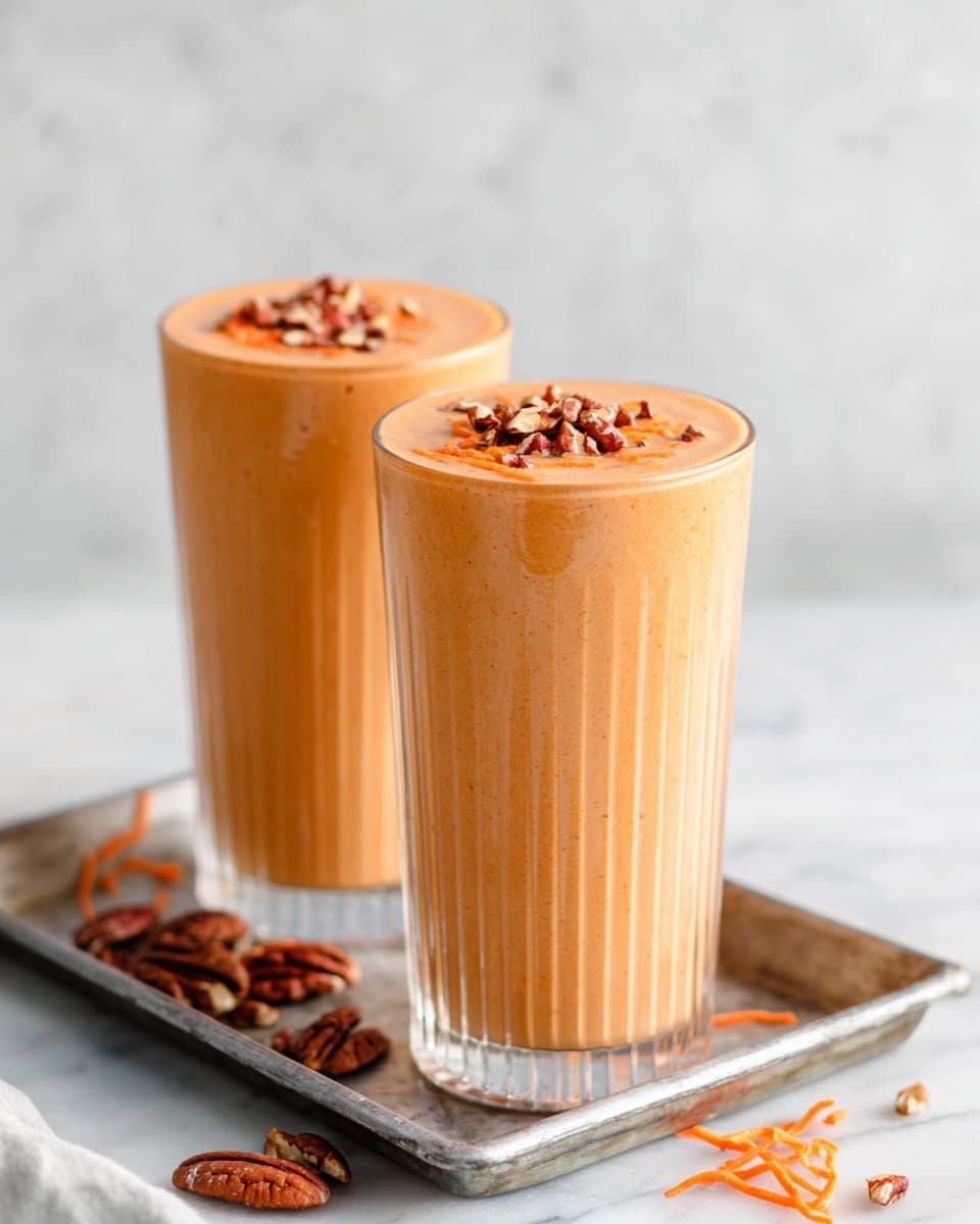 Two tall clear glasses filled with a creamy orange smoothie, each filled to the top with a smooth texture. On top of each smoothie, there are small pieces of chopped pecans and thin orange carrot shreds scattered, adding a crunchy contrast. The glasses have vertical ridges running down the sides, sitting on a metal tray with a few pecans and carrot shreds scattered around it. The whole scene is set on a white marbled surface with a soft, light background. photo taken with an iphone --ar 4:5 --v 7