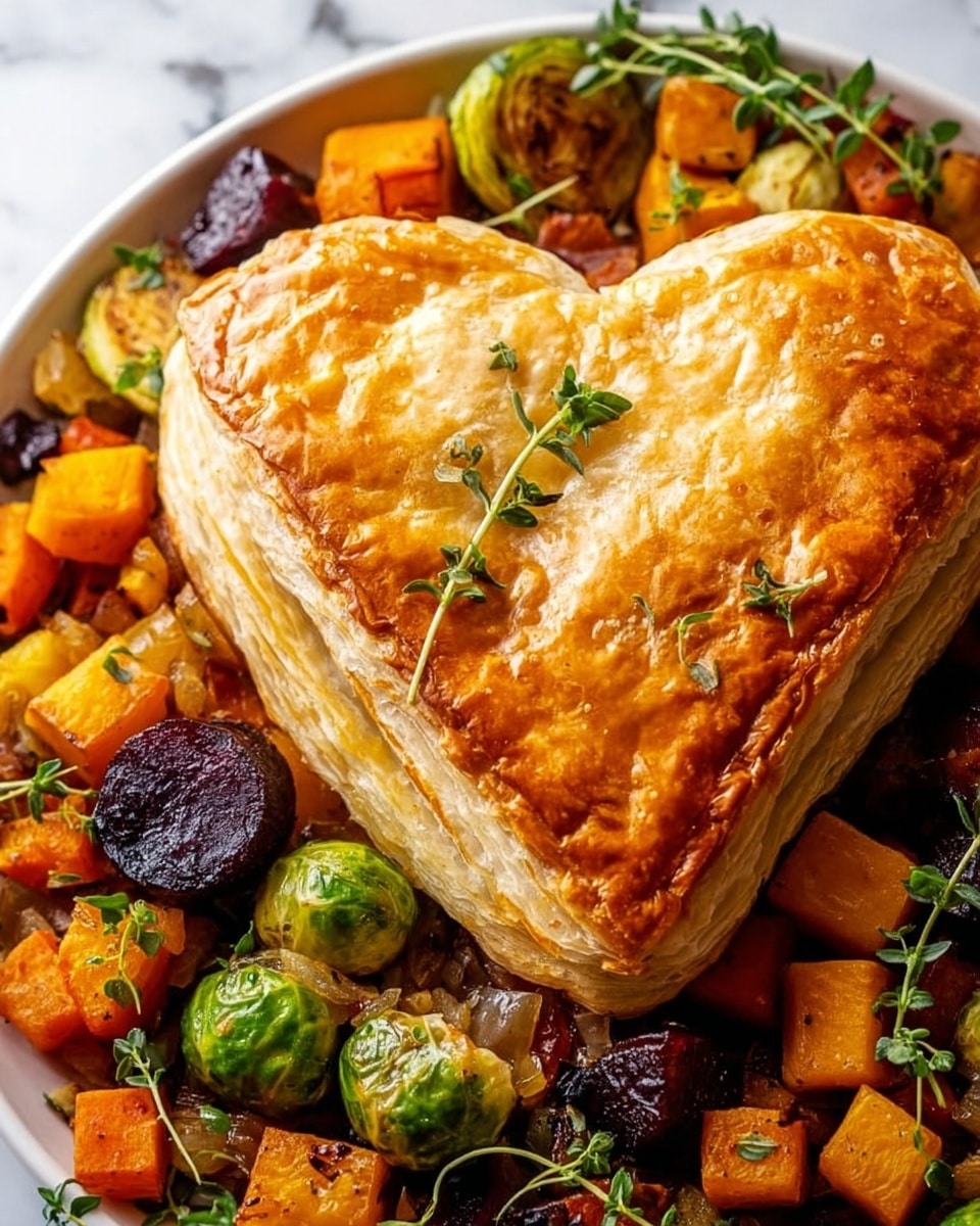 The image shows a heart-shaped puff pastry pie with a golden brown, flaky crust on top. The pie sits on a white plate, surrounded by a colorful mix of roasted vegetables including orange cubes of squash, green Brussels sprouts (whole and halved), deep purple beets, and small bits of orange carrots. Fresh green herb sprigs are scattered on top of the pie and vegetables, adding contrast. The white marbled surface beneath the plate adds a clean, bright background. photo taken with an iphone --ar 4:5 --v 7