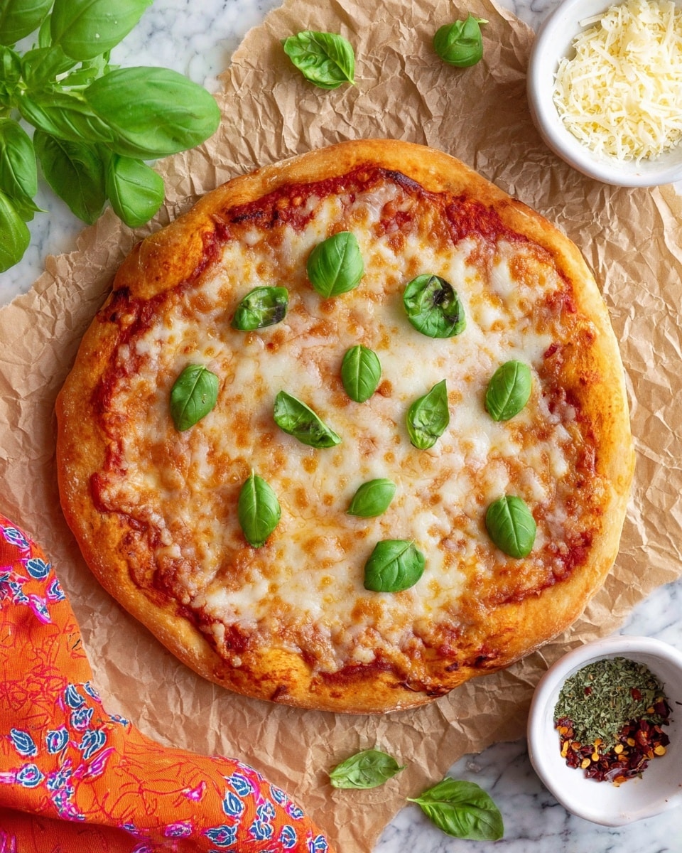 Two small round pizzas are placed on crumpled brown paper over a white marbled surface. The pizza in the front has a thick golden crust with a layer of red tomato sauce, melted light golden cheese spread evenly, and fresh bright green basil leaves scattered on top. The second pizza, partially shown at the top right, has a similar golden crust with melted cheese but topped with several round, shiny red pepperoni slices and a single basil leaf in the center. To the left of the pizzas is a small white scalloped bowl filled with dried green herbs, and fresh basil leaves are placed nearby. Photo taken with an iphone --ar 4:5 --v 7
