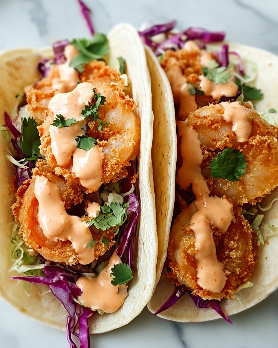 The image shows three soft corn tortillas, each filled with three golden-brown crispy fried shrimp. Underneath the shrimp is a layer of shredded purple cabbage and light green lettuce, adding a fresh crunch. The shrimp are topped with a pinkish creamy sauce drizzled lightly over them, and small green cilantro leaves are sprinkled on top for color and flavor contrast. The tacos are arranged closely side by side on a white marbled surface. photo taken with an iphone --ar 4:5 --v 7