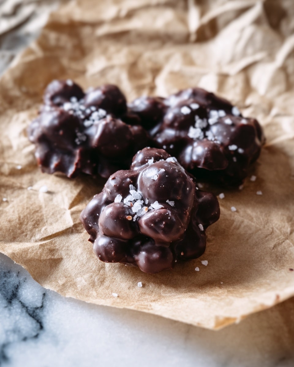 The image shows three small clusters of dark chocolate-covered nuts or similar round pieces placed on crinkled brown parchment paper, with a few coarse salt flakes sprinkled on top, adding contrast to the shiny, smooth dark chocolate surface. The clusters are irregular in shape, with the rounded pieces tightly packed together forming rough, mound-like shapes. The background is softly blurred with a white marbled texture visible beneath the parchment. photo taken with an iphone --ar 4:5 --v 7