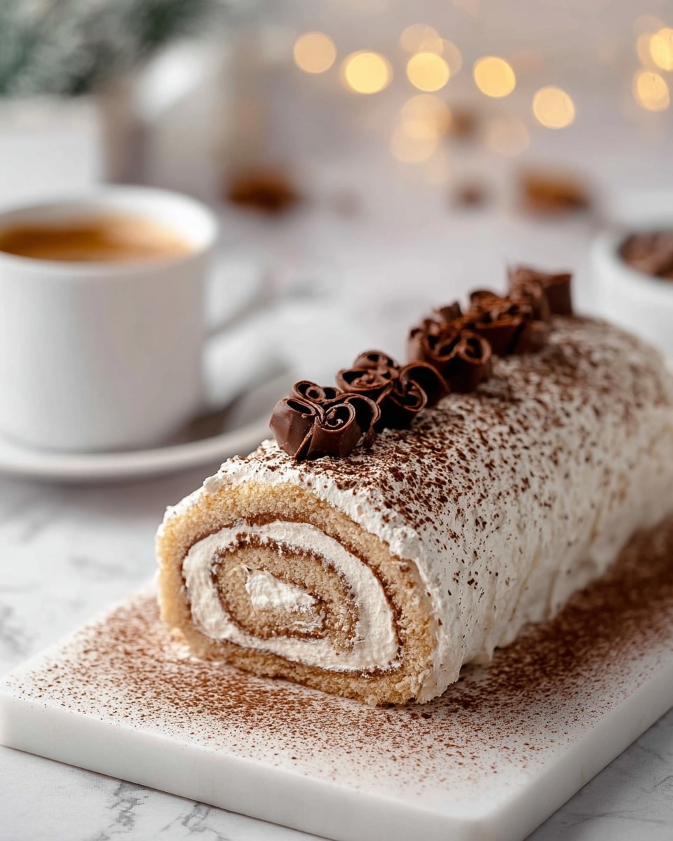 A creamy white cake roll with visible swirls of light brown filling, topped with a dusting of cocoa powder and dark chocolate curls arranged in a neat row on top, resting on a white board sprinkled with cocoa powder, set against a white marbled surface; in the background, a white cup filled with coffee and blurred holiday lights add a cozy touch, photo taken with an iphone --ar 4:5 --v 7