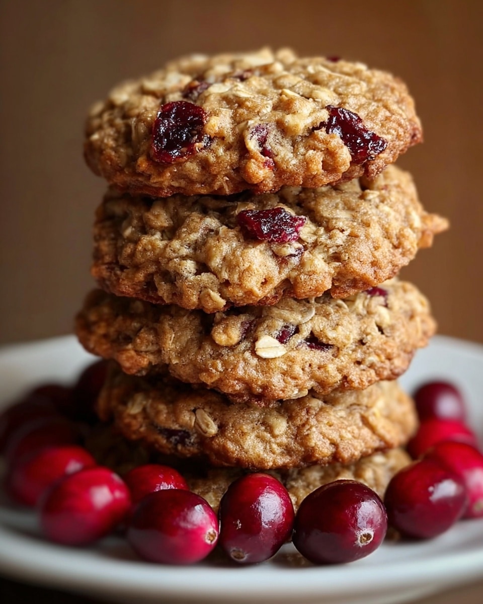 A stack of five oatmeal cookies with a rough texture is shown on a white plate, each cookie thick and golden brown with visible oats and dark red dried cranberries embedded throughout. The cookies have slightly crisp, uneven edges and soft centers, giving a homemade look. Around the base of the stack, shiny whole cranberries are scattered, their deep red color contrasting with the warm tones of the cookies. The background is a soft blur, highlighting the focus on the stack of cookies in warm light. photo taken with an iphone --ar 4:5 --v 7