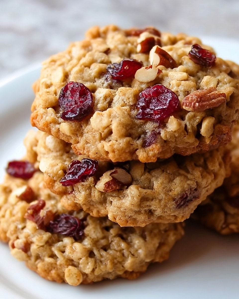 A close-up view of a stack of three oatmeal cookies on a white plate, showing a rough texture with visible oats and pieces of pecans scattered throughout. The cookies have a light brown color with red dried cranberries embedded on the top surface of each cookie. The cookies look thick and slightly soft with a home-baked appearance. The background is a white marbled texture. photo taken with an iphone --ar 4:5 --v 7