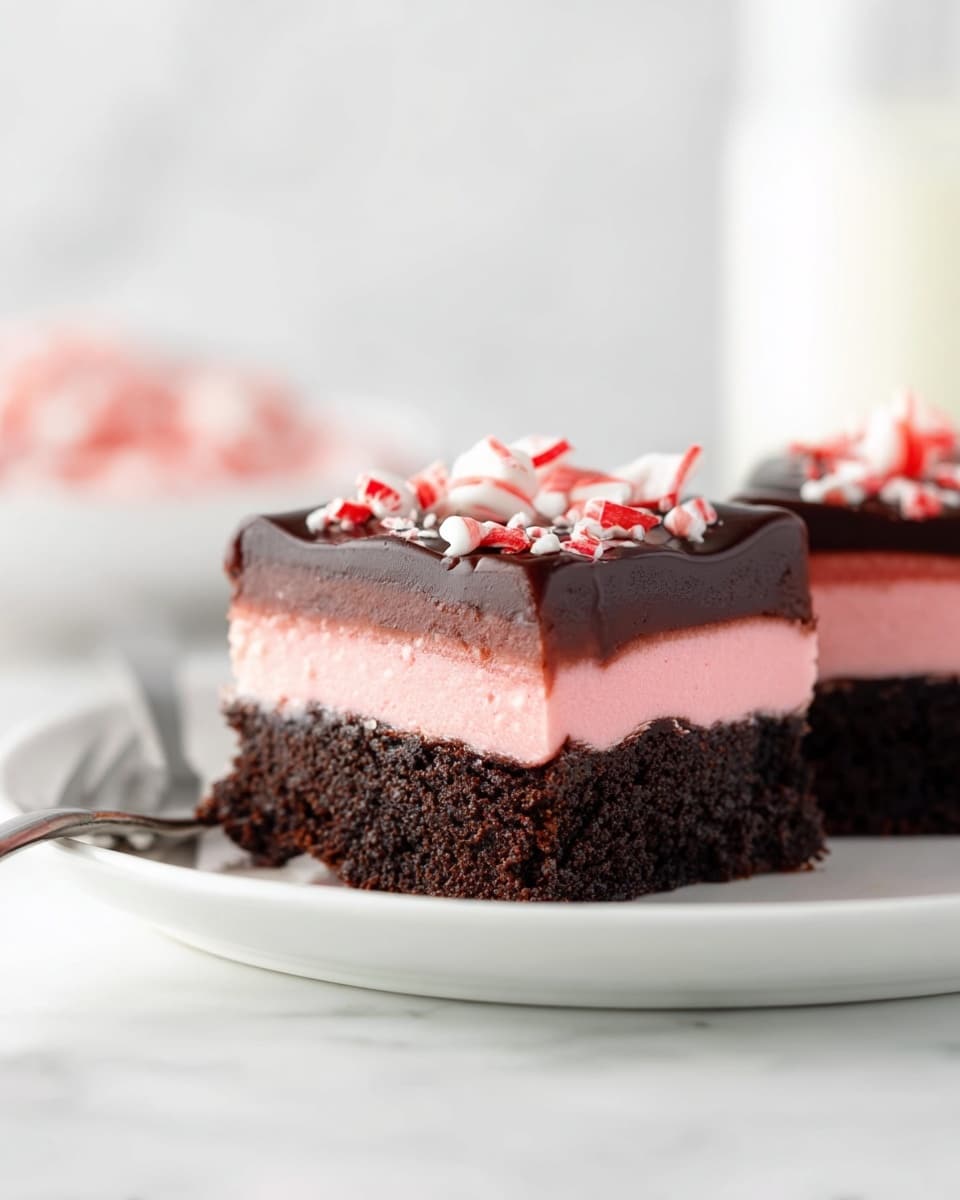 A close-up of a dessert bar with three clear layers on a white plate set on a white marbled surface; the bottom layer is thick, dark brown, and dense like a moist chocolate brownie, the middle layer is a smooth and creamy pink mousse, and the top layer is a glossy dark chocolate ganache sprinkled with small pieces of red and white crushed candy, with a small piece cut out and held by a fork on the left side. Photo taken with an iphone --ar 4:5 --v 7