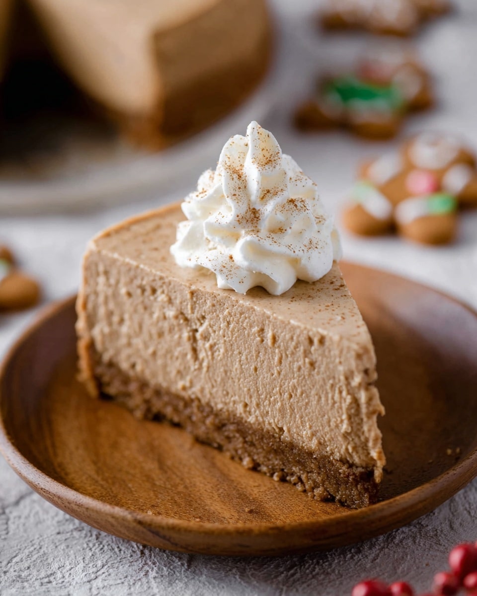 A single slice of light brown cheesecake with a smooth, creamy texture is placed on a white plate with a wooden look. The cheesecake has a thick base layer of dense, crumbly crust in a slightly darker brown. On top of the cheesecake is a dollop of white whipped cream sprinkled with light brown spice. The background has a white marbled texture with some blurred gingerbread cookie shapes in the distance. Photo taken with an iphone --ar 4:5 --v 7