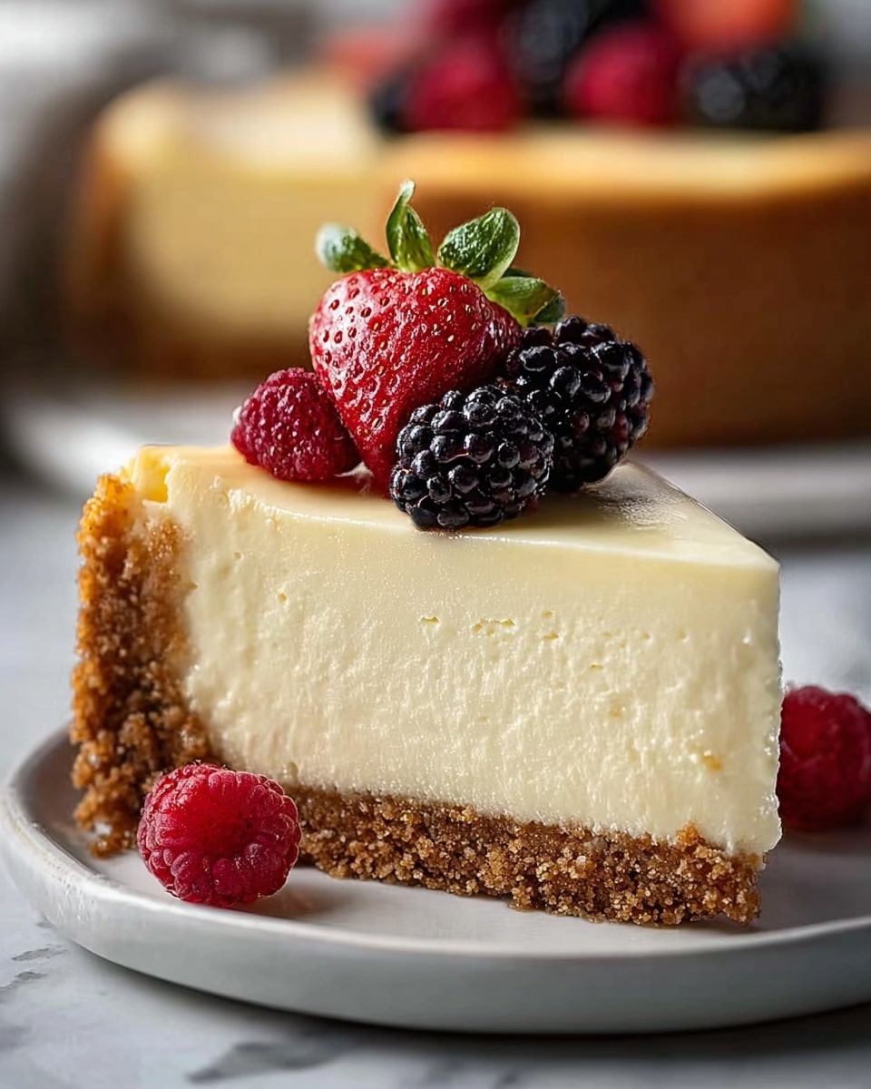 A slice of cheesecake on a white plate sits on a white marbled surface. The cheesecake has two layers: a thick, crumbly brown crust at the bottom and a thick, smooth, creamy pale yellow layer on top. On the top of the cheesecake sits a small pile of fresh berries including a halved red strawberry with green leaves, blackberries, and red raspberries, adding a mix of red and dark purple colors. A couple of raspberries lie on the plate near the cheesecake slice. The background is softly blurred with another cheesecake visible. Photo taken with an iphone --ar 4:5 --v 7