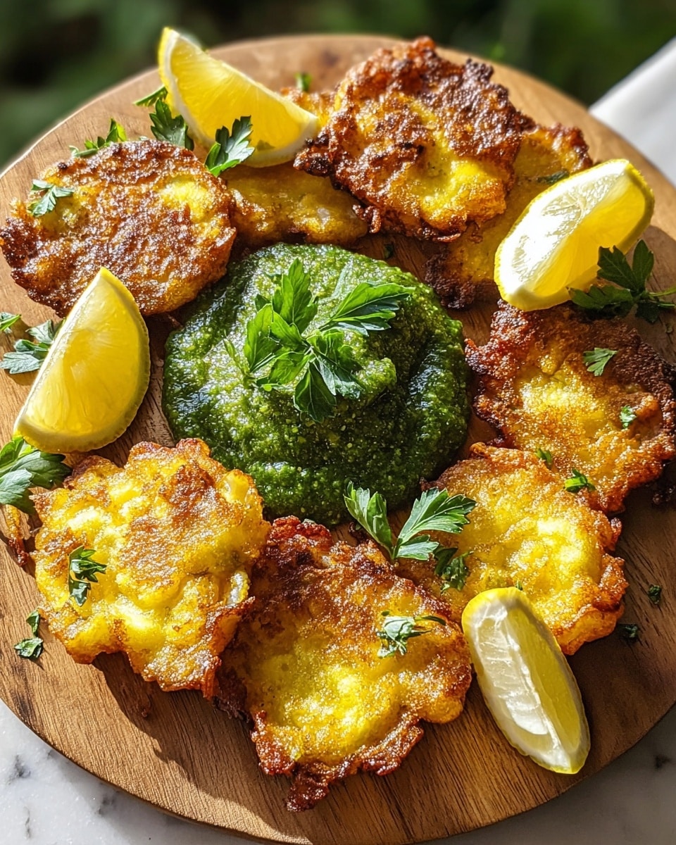 A round wooden board holds several small, golden-brown fritters that have a crispy, uneven texture with darker, crunchy edges and softer, lighter yellow centers. In the middle of the board is a pile of bright green sauce, smooth in texture, topped and surrounded by sprigs of fresh parsley. Around the edges of the board, there are thick lemon wedges with a pale yellow inside and a bright yellow peel. The whole arrangement is set on a white marbled surface with soft natural light highlighting the textures and colors. Photo taken with an iphone --ar 4:5 --v 7