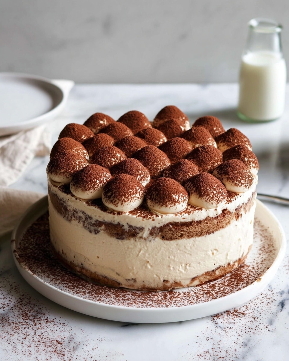 A round, thick three-layer cake sits on a white plate with cocoa powder scattered around its base. The bottom two layers are covered in smooth, light beige cream with a faint dusting of cocoa on the sides. The top layer is decorated with small mounds of cream evenly spaced, each topped with a generous layer of dark brown cocoa powder. The cake is centered on a white marbled surface, with a small glass bottle of milk blurred in the background. Photo taken with an iphone --ar 4:5 --v 7
