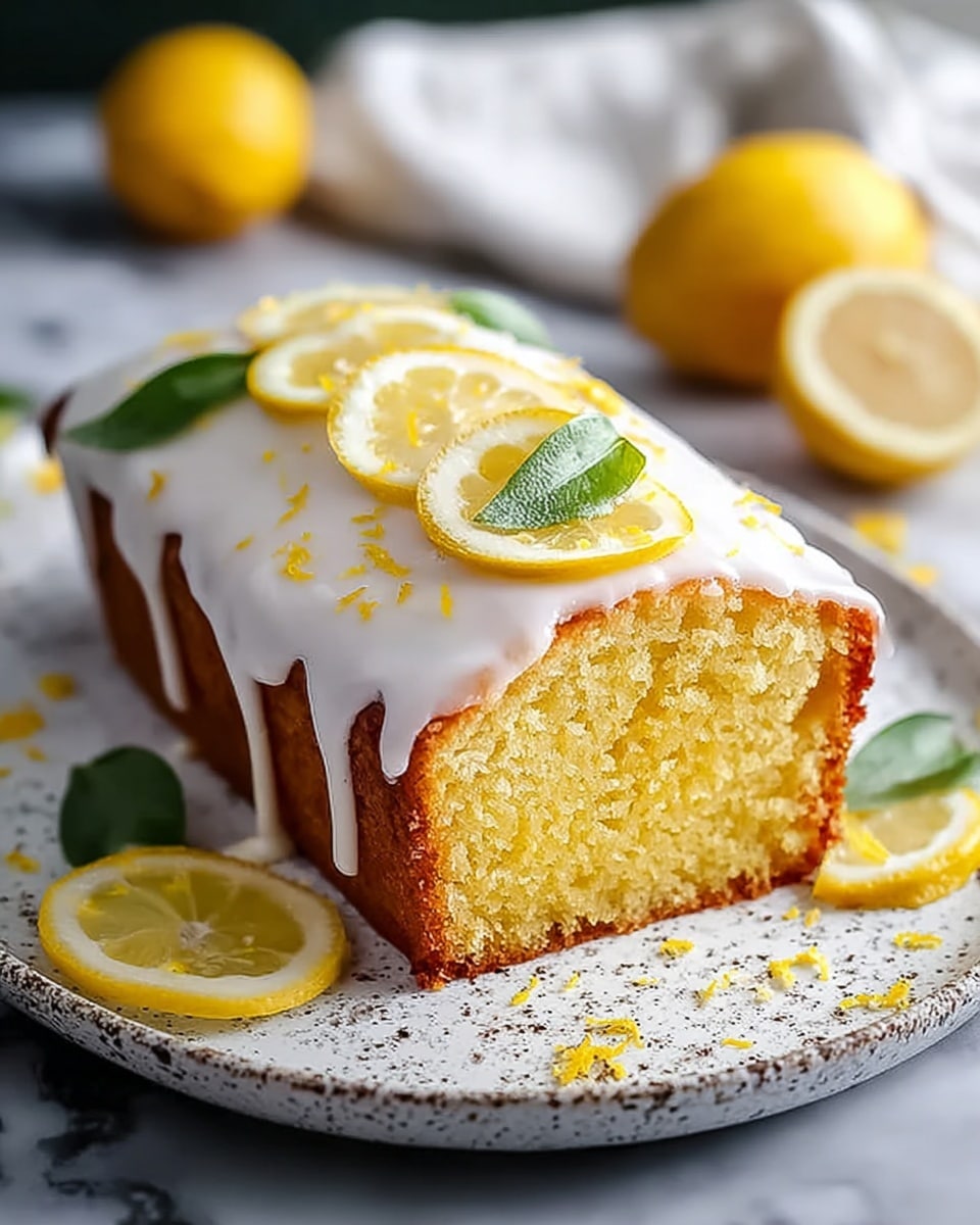 A loaf shaped cake with one visible slice cut out shows a moist lemon yellow inside with a golden brown thin crust on the edges. The top layer is thick white icing that drips slightly down the sides. On top of the icing are thin, round lemon slices and green leaves placed near the center, along with small lemon zest sprinkles scattered around. The cake sits on a white plate with speckles, and there are two thin lemon slices placed on the plate around the cake. The background shows a whole lemon and a white cloth, all set on a white marbled surface. photo taken with an iphone --ar 4:5 --v 7