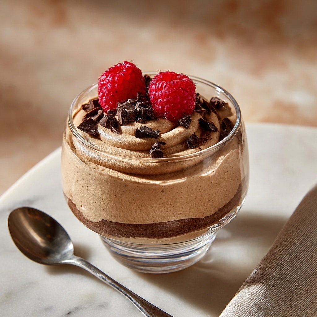 A clear glass dessert cup holds a smooth light brown chocolate mousse with two visible layers – a thicker bottom layer and a lighter swirled top layer. The mousse is decorated on top with small dark chocolate pieces scattered around and two bright red raspberries sitting centrally. The cup is placed on a white marbled surface, next to a metal spoon and a soft beige cloth. The background is softly blurred with warm beige tones. photo taken with an iphone --ar 4:5 --v 7