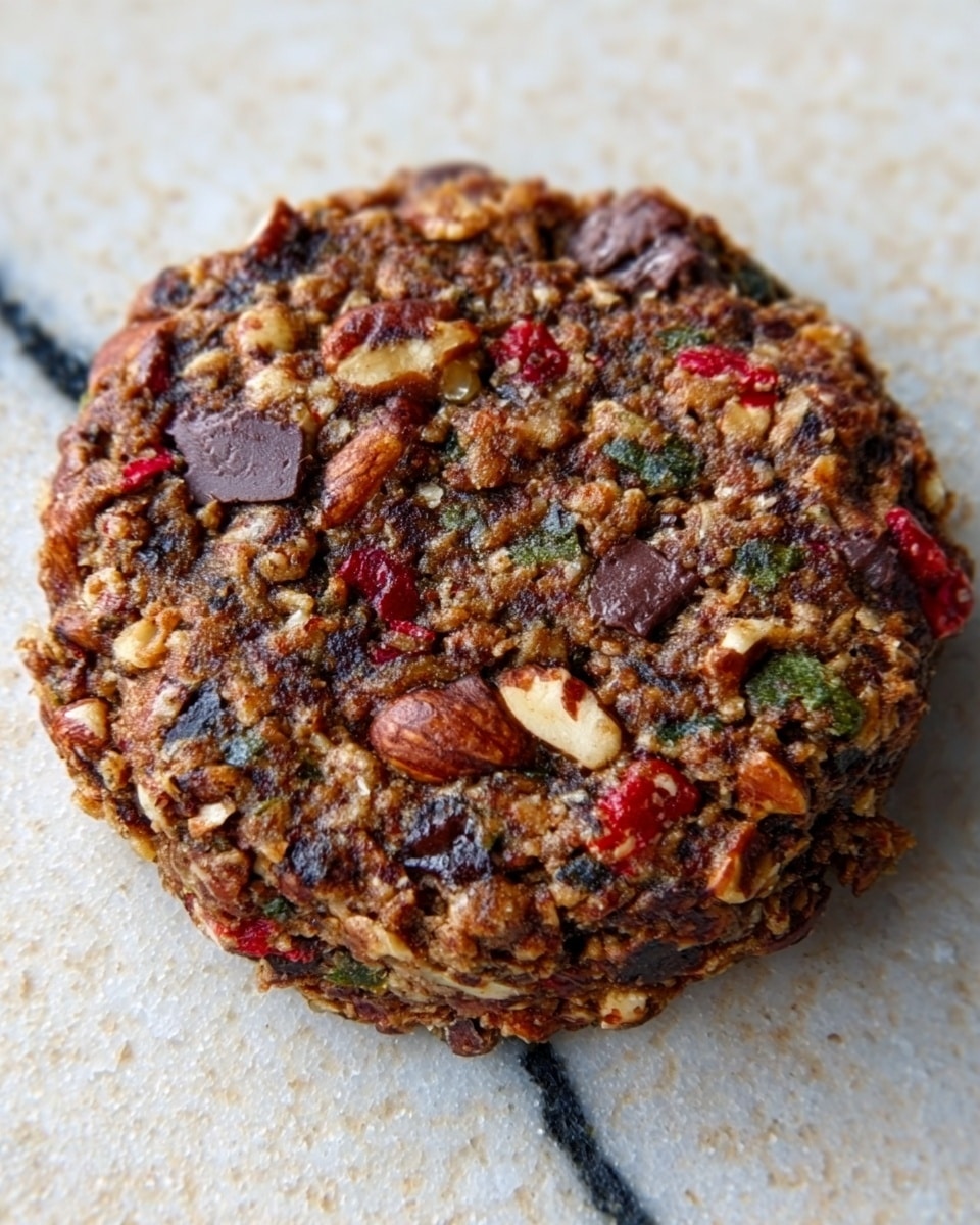 A round, thick cookie with a rough texture sits on a white marbled surface with black lines underneath. The cookie is filled with many visible bits of chopped nuts, dark brown pieces that look like chocolate, and small red and green fragments spread throughout. The surface of the cookie looks uneven and crunchy, showing a mix of shiny and matte spots from the different ingredients. Photo taken with an iphone --ar 4:5 --v 7