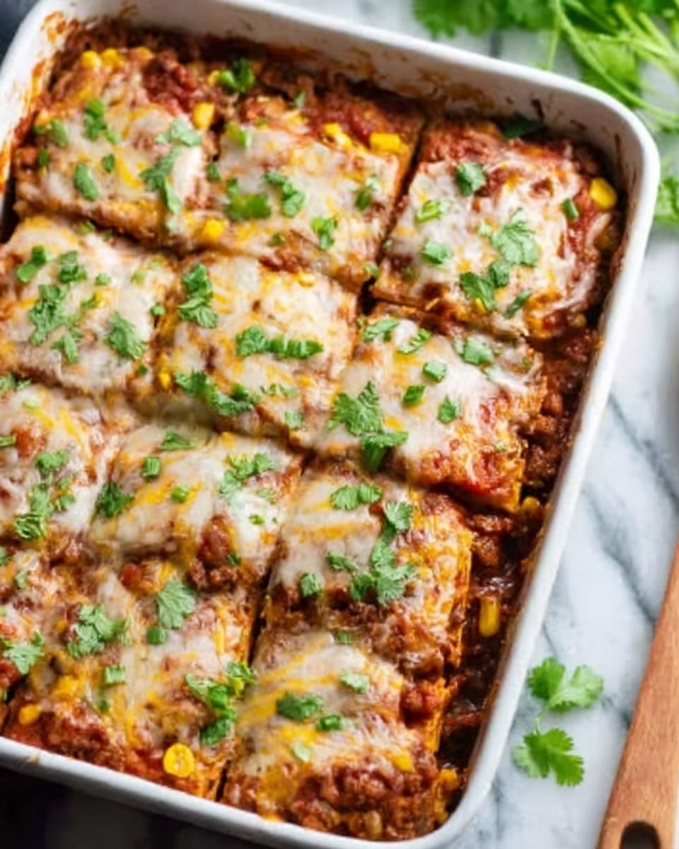 The image shows a white rectangular baking dish filled with a baked layered Mexican casserole cut into nine square pieces. The top layer is melted cheese with a mix of white, yellow, and light orange colors, slightly browned on the edges. Small fresh green cilantro leaves are sprinkled evenly across the cheese. Beneath the cheese, visible through some gaps, are red tomato sauce and chunks of browned meat mixed with yellow corn kernels and diced tomatoes. The sides of the dish show browned, slightly crispy edges of the casserole. The dish is placed on a white marbled surface with a blurred background of some green leaves and a wooden utensil on the right side. photo taken with an iphone --ar 4:5 --v 7