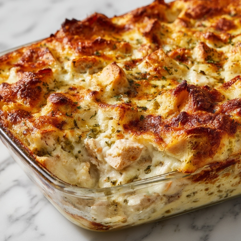 A close-up view of a baked casserole with a golden-brown crust on top, showing a thick, creamy white sauce with chunks of light brown pieces and green bits throughout. The crust appears bubbly and slightly uneven, with layers of melted cheese or a baked topping giving a textured, crisp surface. The casserole is in a clear glass dish, resting on a white marbled surface. The photo is bright and focused, capturing the rich texture and layers of the dish. photo taken with an iphone --ar 4:5 --v 7