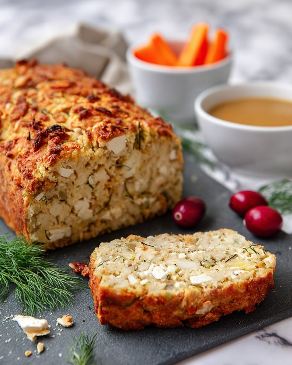 The image shows a golden brown loaf with a textured crispy top and a crumbly interior filled with light chunks, placed on a dark gray board. One slice is cut and positioned in front of the loaf, showing a dense mix of beige and light brown pieces with small flecks of herbs. Around the loaf are three bright red cranberries and a sprig of green dill. Behind it is a small white bowl filled with a light brown sauce and another white bowl with orange carrot sticks. The background is a white marbled surface. Photo taken with an iphone --ar 4:5 --v 7