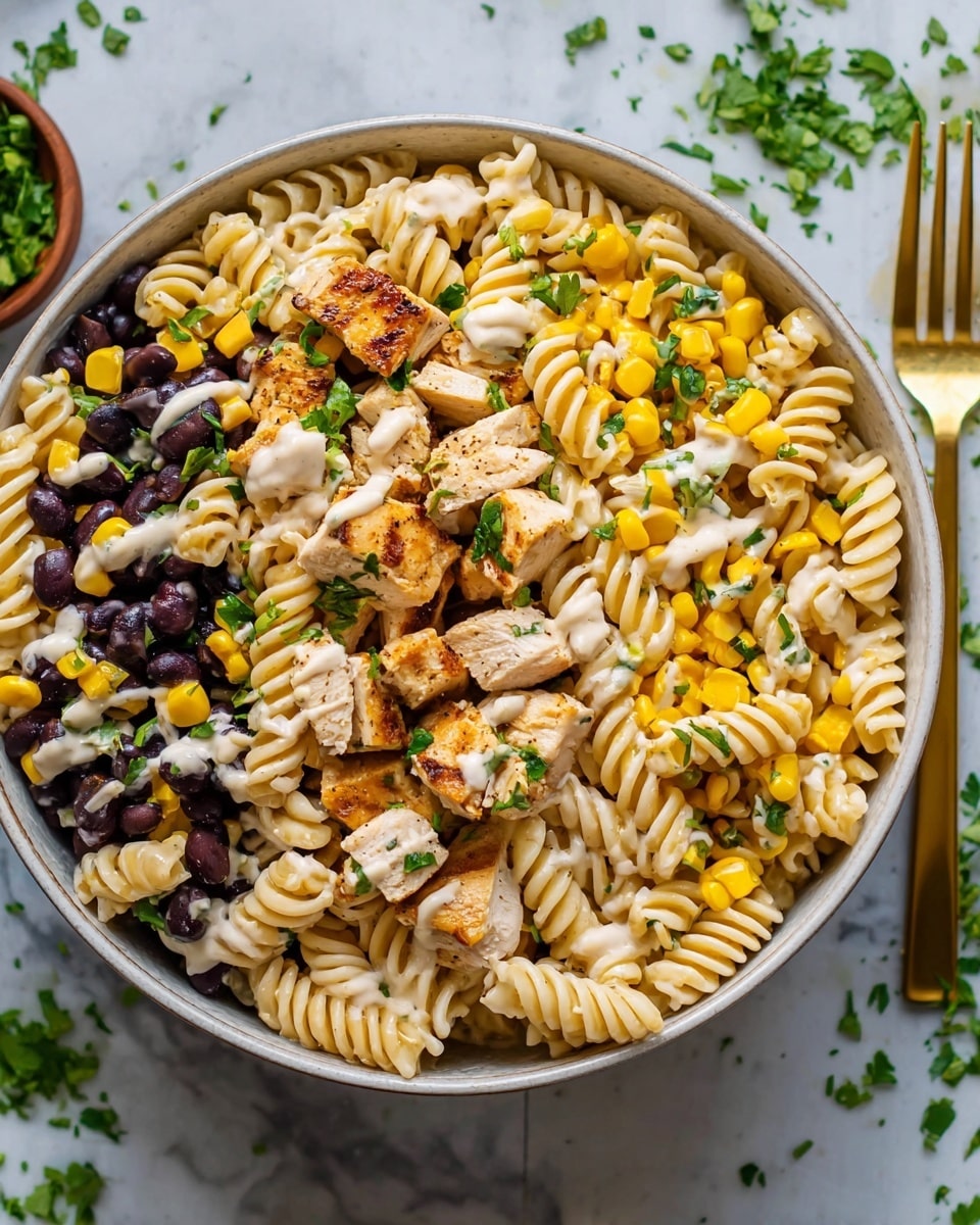 A white bowl filled with a pasta salad showing three main layers: the bottom layer is spiral-shaped pasta in a creamy light beige color, the middle layer holds black beans and bright yellow corn evenly mixed, and the top layer is scattered pieces of golden brown grilled chicken with fresh green parsley sprinkled over. Small spots of creamy dressing are drizzled across the ingredients. The bowl rests on a white marbled surface with bits of green herbs nearby, and a golden fork is placed to the side. photo taken with an iphone --ar 4:5 --v 7
