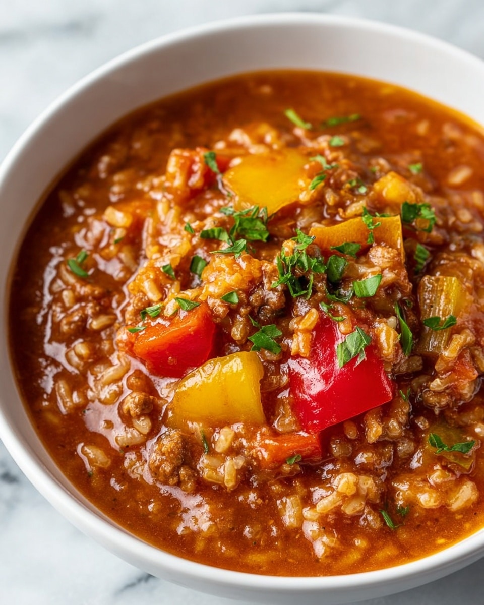 A close-up of a white bowl filled with a thick stew that has a rich, reddish-brown sauce. The stew contains chunky pieces of cooked yellow and red bell peppers, ground meat, and soft rice all mixed together. Small bits of fresh green herbs are sprinkled on top, adding a touch of color. The bowl sits on a white marbled surface. photo taken with an iphone --ar 4:5 --v 7