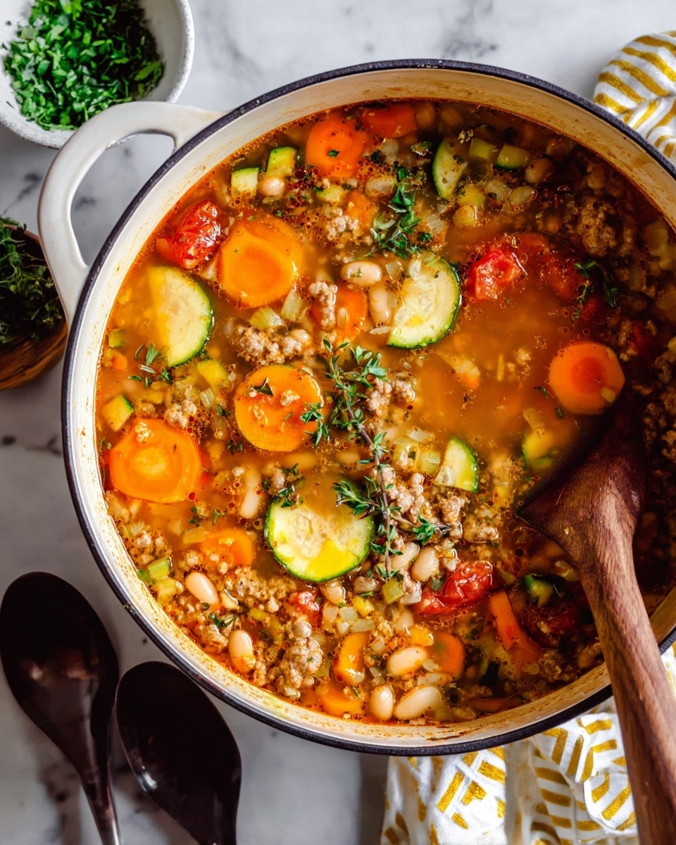 A close-up top view of a large white pot filled with hearty soup showing at least five layers: bright orange round carrot slices, yellow and green zucchini chunks, small white beans, light brown ground meat pieces, and bright red tomato chunks, all mixed in a light orange broth with herbs floating on top. A wooden spoon rests partially in the pot on the right side. Surrounding the pot are two dark spoons, a white cloth with yellow lines, and a small white bowl filled with chopped green herbs, all placed on a white marbled surface. Photo taken with an iphone --ar 4:5 --v 7