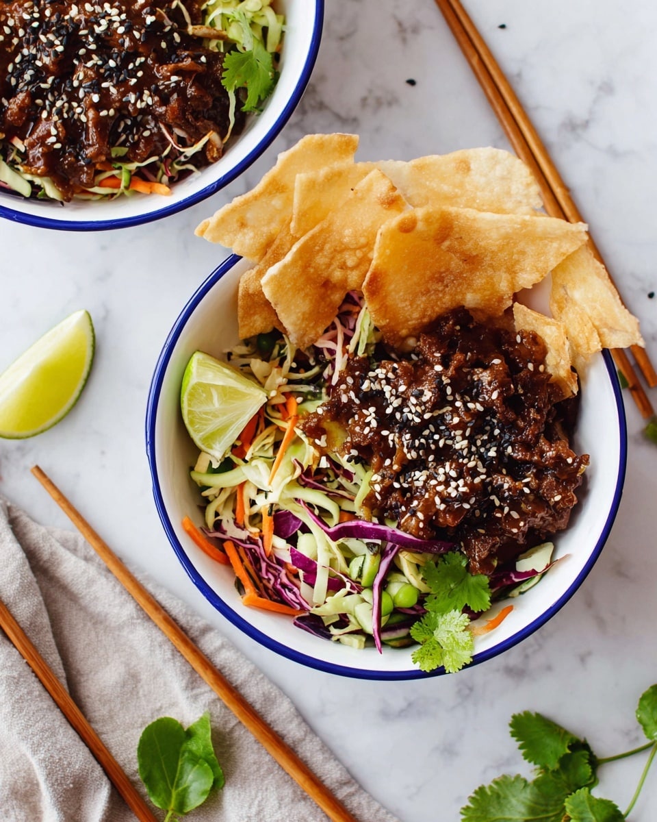 Two white bowls with blue rims sit on a white marbled surface. Each bowl has three main layers: at the bottom is a colorful mix of shredded green, purple, and orange cabbage and carrots. On top of the vegetables is a layer of dark brown, saucy meat sprinkled with black and white sesame seeds, adding texture. One side of the bowls is filled with golden, crispy thin crackers stacked loosely. A wedge of lime sits on the edge of the lower bowl. Fresh green herbs and chopsticks are placed around the bowls. photo taken with an iphone --ar 4:5 --v 7