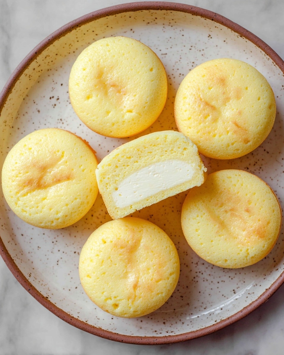 The image shows six small, round, light yellow cakes arranged on a white speckled plate with a brown rim, placed on a white marbled surface. Five of the cakes are whole, showing a soft, slightly dimpled texture on top with a smooth, pale-yellow color. The sixth cake is cut in half, placed in the center, revealing two layers: a thin, smooth top layer with a denser, creamy white bottom layer. The cakes have a moist, fluffy appearance with a gentle golden tint on the edges. Photo taken with an iphone --ar 4:5 --v 7