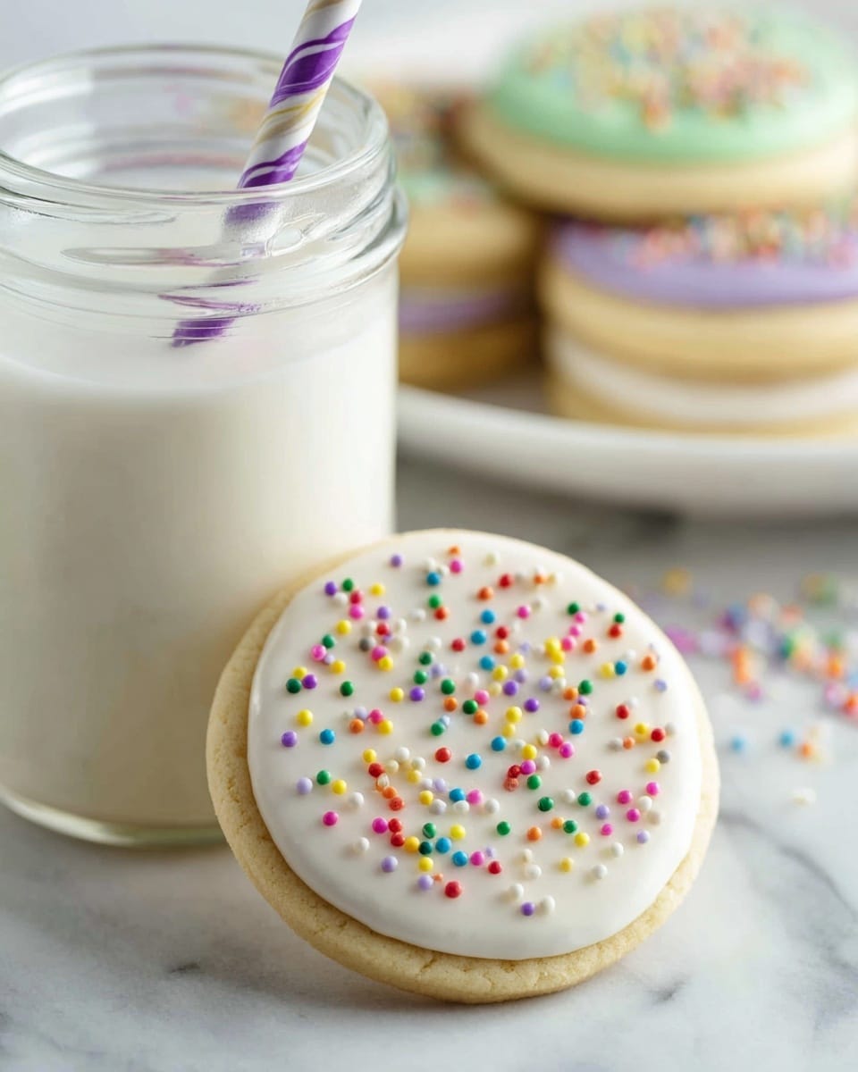A stack of four round sugar cookies sits centered on a white plate, each cookie layered with smooth white or pale green icing between them. The top cookie is covered with a glossy pale green icing and decorated with small, colorful round sprinkles in red, blue, yellow, purple, green, and white. In the background, more round sugar cookies with white or pale green icing and the same colorful sprinkles are arranged on another white plate, slightly blurred. To the left, a glass jar of milk with a purple and white striped straw is partially visible, all placed on a white marbled surface. photo taken with an iphone --ar 4:5 --v 7