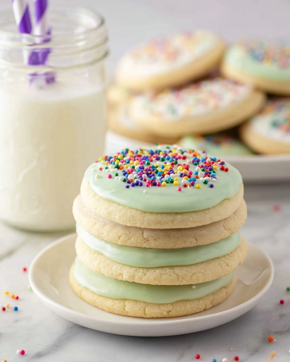 The image shows a round cookie with two layers; the bottom layer is a light beige soft cookie, and the top layer is smooth white icing covered with small, colorful round sprinkles scattered over it. Behind the cookie, there is a clear glass jar filled with white milk, with a purple and white striped straw. In the background, a white plate holds a stack of more cookies, some topped with white icing and colorful sprinkles, and others with light green icing and sprinkles. The surface underneath is a white marbled texture. photo taken with an iphone --ar 4:5 --v 7