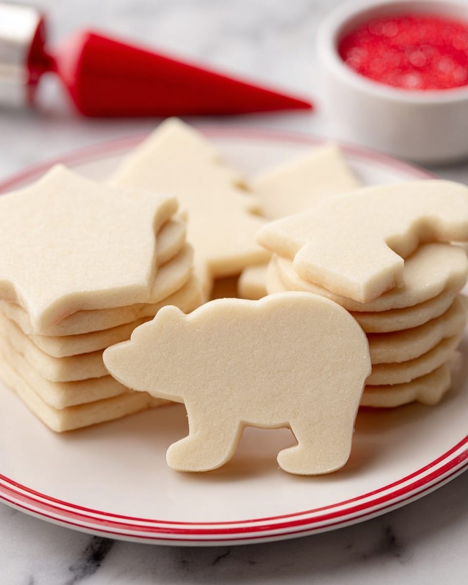 The image shows several stacks of plain sugar cookies in various holiday shapes like a bear, tree, star, and bell, all placed neatly on a white plate with a red rim. Each cookie stack has about three to four layers, with a pale beige color and a smooth texture. The bear cookie is focused in the front, with a simple cutout design and no icing or decoration. In the background to the side, there is a piping bag filled with red icing and a small bowl of red sprinkles on a white marbled surface that adds a subtle texture to the scene. The photo taken with an iphone --ar 4:5 --v 7