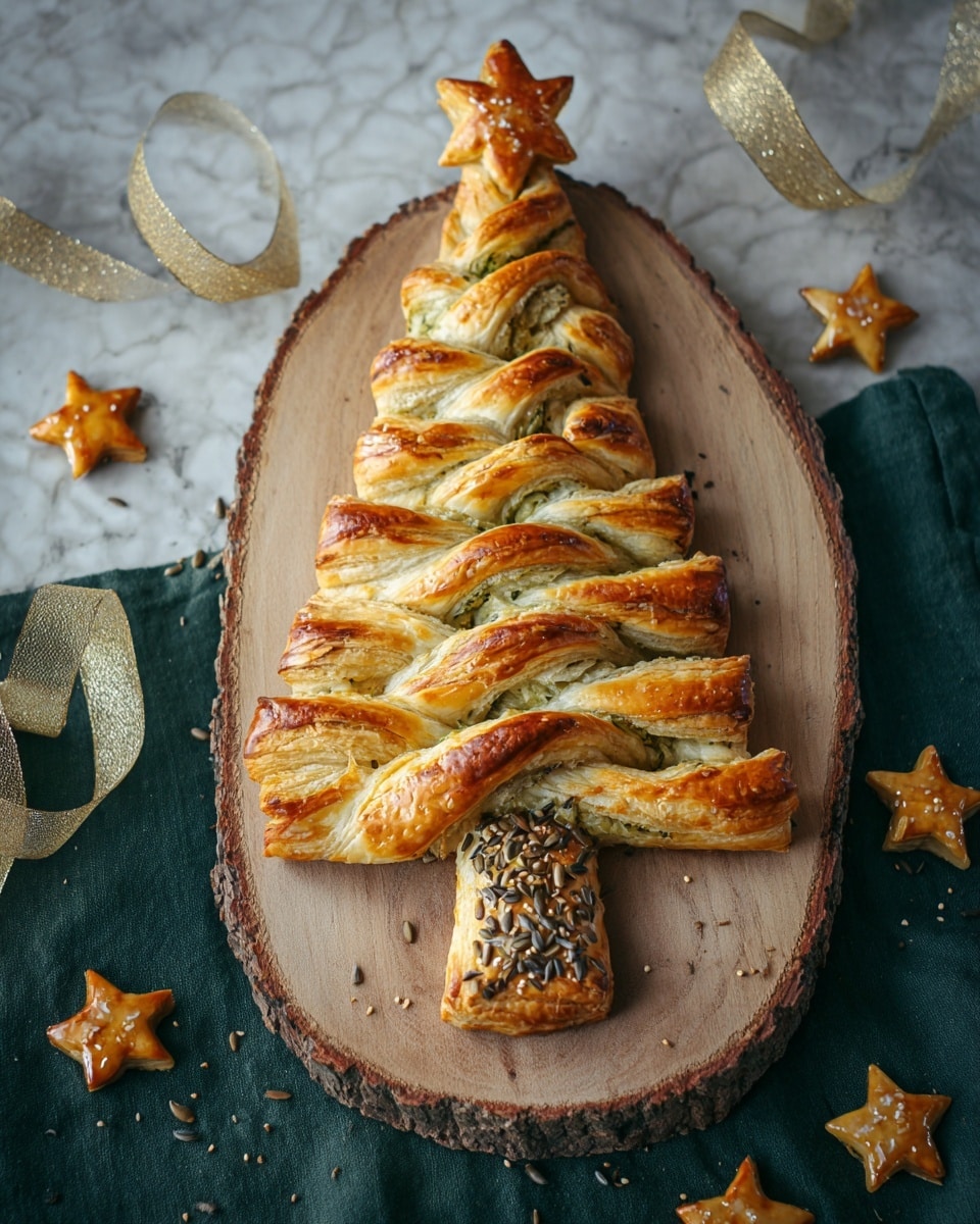 A golden-brown puff pastry shaped like a Christmas tree sits on a wooden slice board. The tree has multiple twisted branches on both sides, showing light green filling between the two fluffy layers of pastry. The top has a star-shaped piece of pastry as the tree topper. The center trunk is sprinkled with mixed seeds including sesame, pumpkin, and sunflower seeds, adding texture and color contrast. Around the tree, there are small star-shaped pastries with a shiny golden glaze. The setting includes a dark green cloth and golden ribbon on a white marbled textured surface. Photo taken with an iphone --ar 4:5 --v 7
