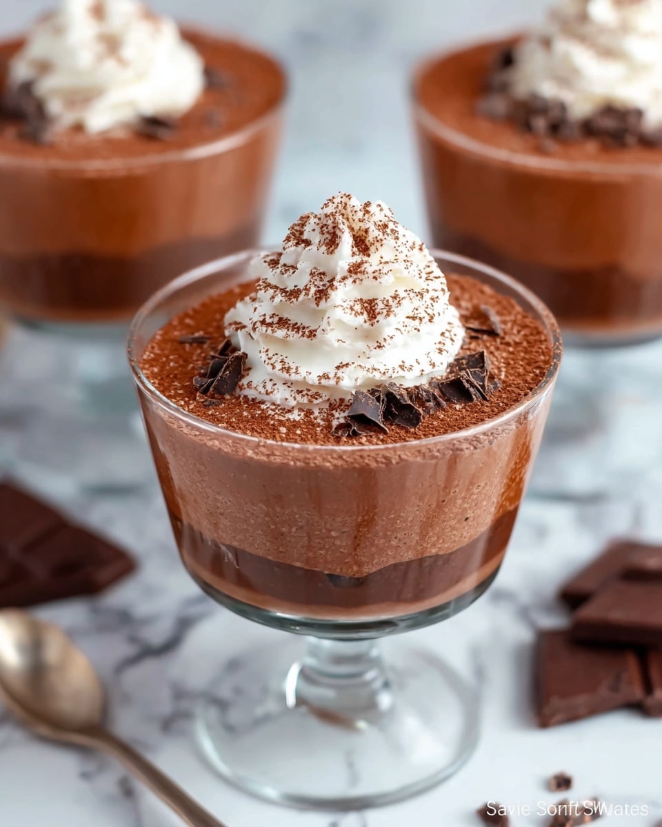 The image shows a glass dessert cup filled with three visible layers of chocolate mousse in different shades of brown, creating a smooth, creamy texture. The top layer is a darker cocoa brown, dusted with fine cocoa powder and small pieces of dark chocolate scattered on the surface. A swirl of white whipped cream, sprinkled lightly with cocoa powder, sits in the middle on top, adding contrast to the rich brown mousse underneath. The glass is clear with a stem, placed on a white marbled surface, with other similar mousse cups and pieces of chocolate blurred in the background. Photo taken with an iphone --ar 4:5 --v 7