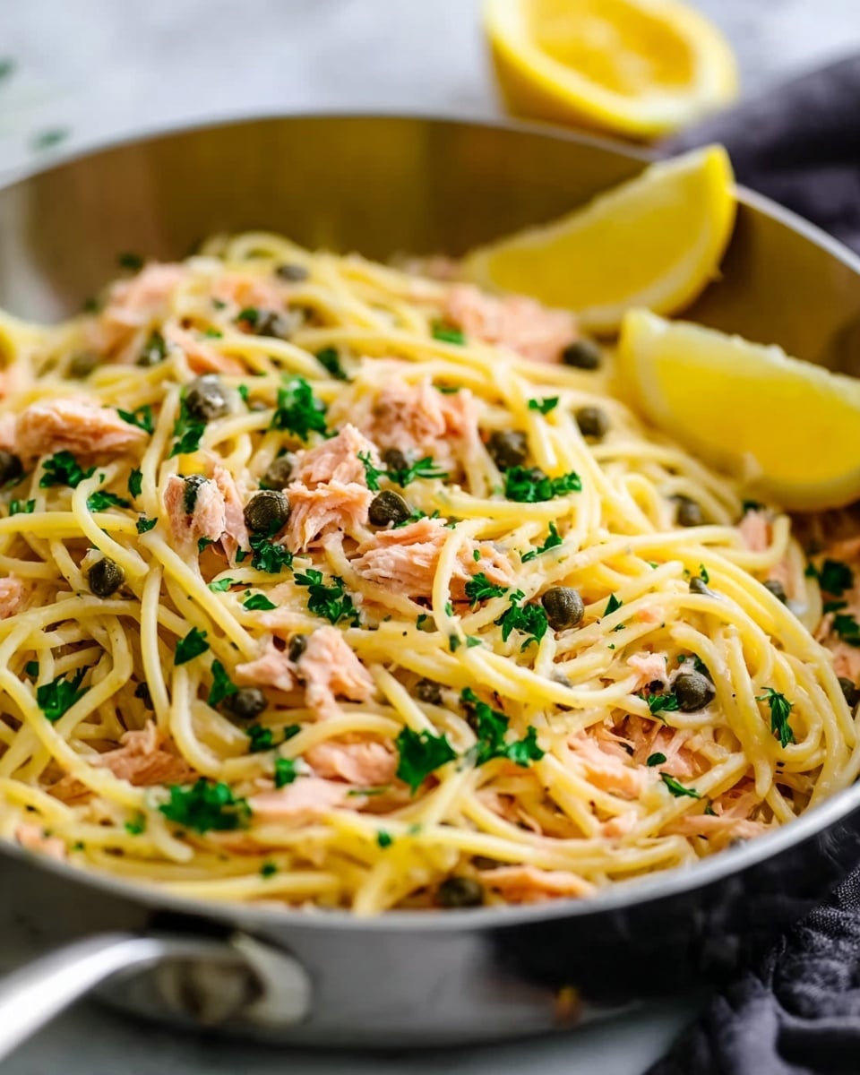 A white bowl filled with creamy spaghetti pasta layered at the bottom with light yellow creamy sauce, topped with multiple torn pieces of pink salmon scattered evenly. Dark green capers and finely chopped green parsley are spread across the top, adding specks of green. A wedge of lemon is placed inside the bowl on the right edge, and a white marbled surface is seen underneath the bowl. photo taken with an iphone --ar 4:5 --v 7