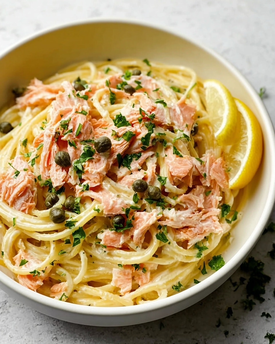 A close-up view of a silver pan filled with thin strands of yellow spaghetti pasta mixed with small pieces of pink cooked salmon, sprinkled with green chopped parsley and small green capers scattered throughout. On the right side inside the pan, there are two lemon wedges with a bright yellow color. The background is a soft focus white marbled texture with a blurred dark cloth and a lemon wedge in the distance. photo taken with an iphone --ar 4:5 --v 7