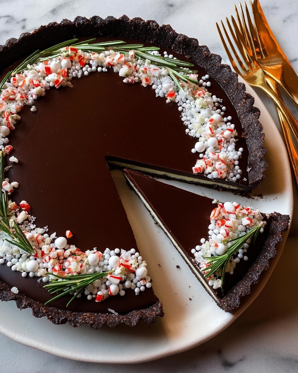 A slice of layered tart sits on a white plate decorated with green leaves and red berries. The tart has three clear layers: a thin, crumbly dark brown crust at the bottom, a thick and fluffy white cream filling in the middle with slight chocolate specks, and a smooth, glossy dark chocolate layer on top. The crust edges are ridged and hold the layers firmly. In the background, the rest of the tart, with one slice missing, is visible. The tart is set on a white marbled surface. photo taken with an iphone --ar 4:5 --v 7