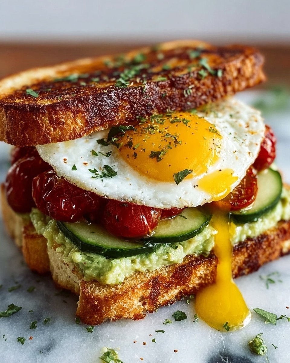 A close-up of a sandwich with three main layers between two thick slices of toasted golden-brown bread, slightly charred on top. The bottom layer has a green, creamy spread, likely mashed avocado with small bits visible. On top of that are fresh, green cucumber slices and roasted red cherry tomatoes, adding a vibrant pop of color. Above the vegetables is a fried egg with a bright yellow yolk that is broken, with the yolk spilling onto the white marbled surface beneath. The egg white is slightly crispy around the edges and seasoned with small bits of black pepper and herbs. Small flecks of chopped parsley are sprinkled on the egg and around the sandwich. photo taken with an iphone --ar 4:5 --v 7