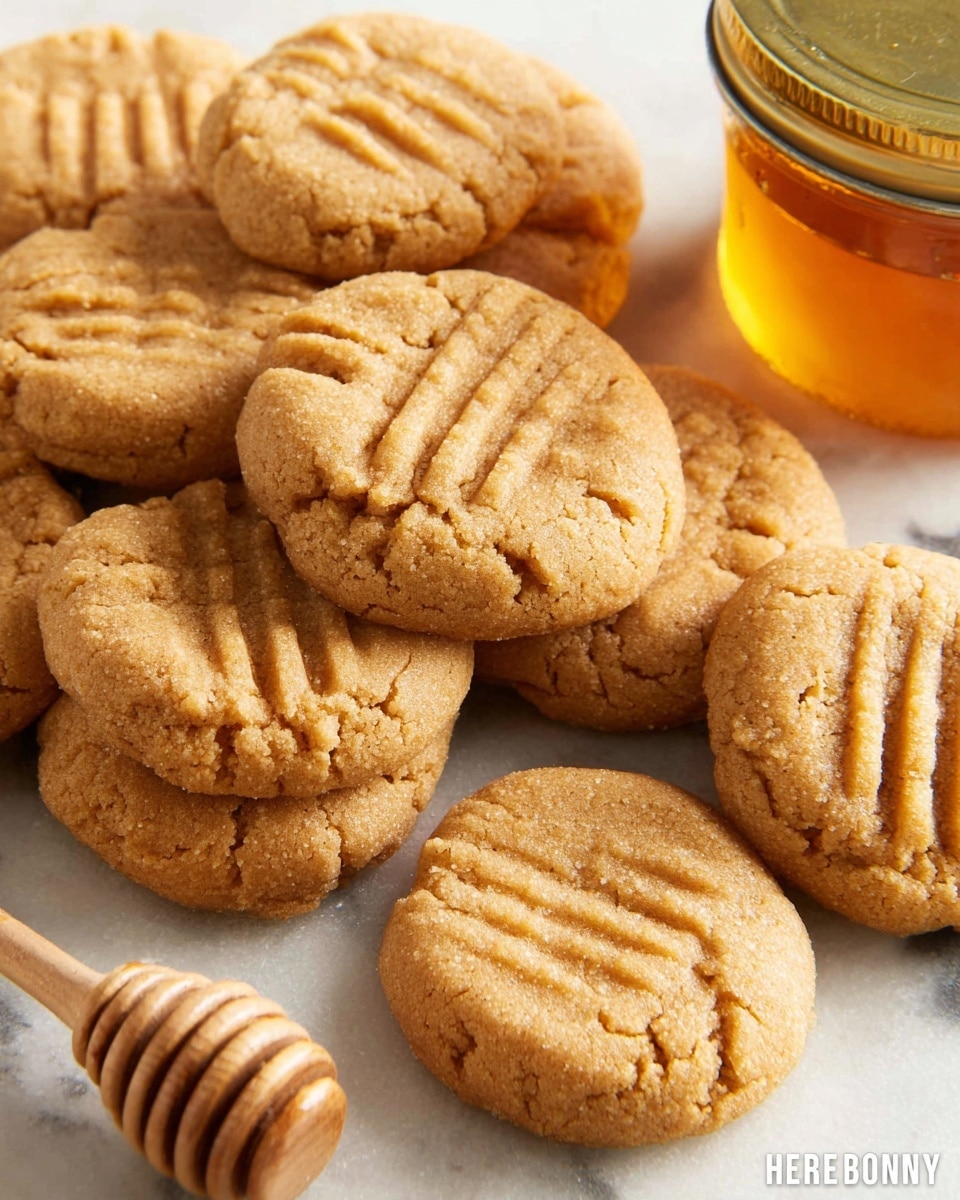 A close-up view of a pile of soft peanut butter cookies with three distinct fork marks on the top of each cookie, giving a textured pattern. The cookies are light golden brown and look slightly chewy. They are stacked irregularly on a white marbled surface. To the bottom left is a wooden honey dipper, and on the right side, there is a glass jar filled with amber-colored honey and a gold lid, partially visible. The lighting highlights the soft texture and slight cracks on the cookie surfaces. Photo taken with an iphone --ar 4:5 --v 7