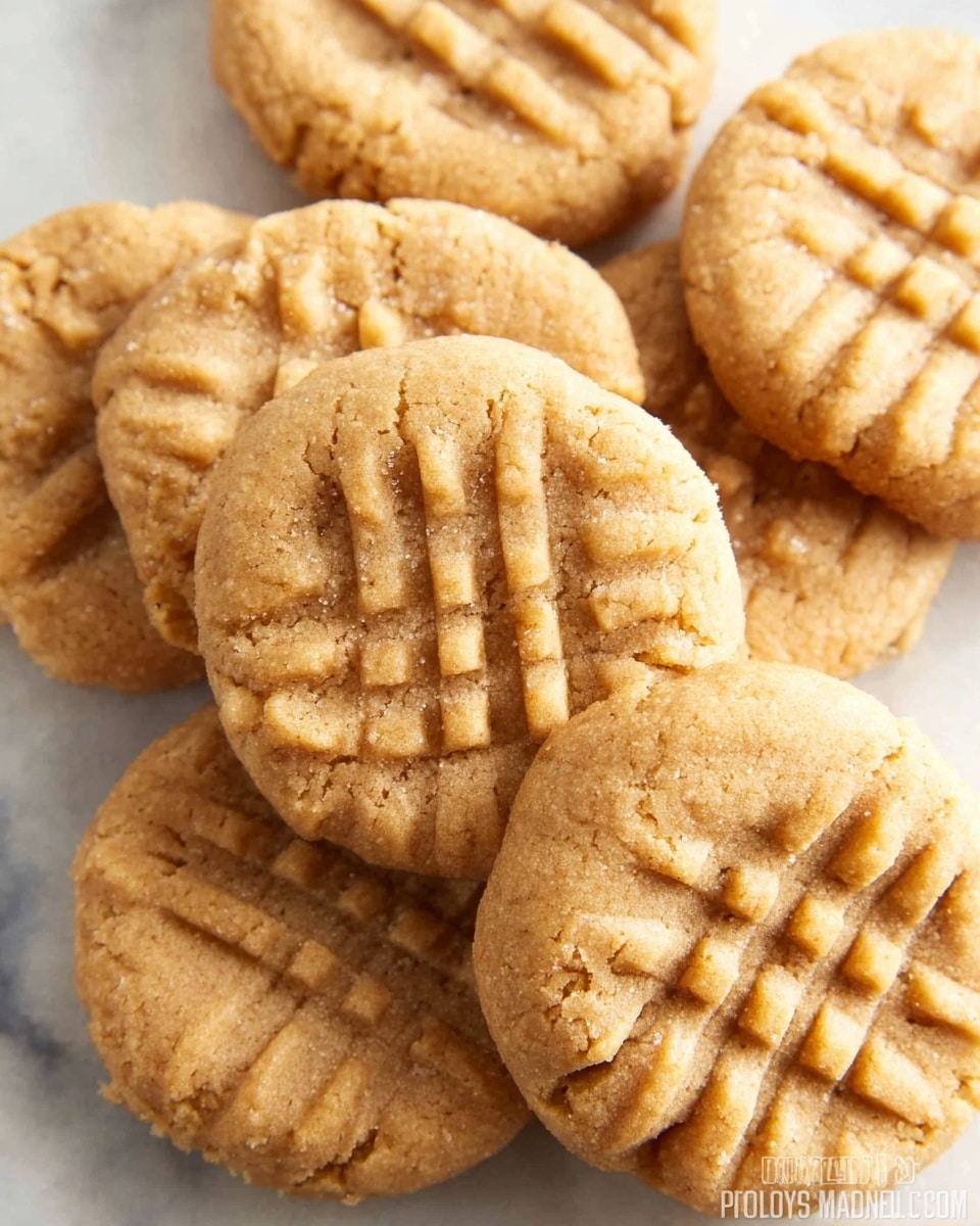A close-up view of a small stack of round peanut butter cookies with a light golden brown color, each cookie showing three distinct fork-pressed lines across the top surface, adding a textured crisscross pattern. The cookies have a slightly crumbly but soft texture, with small cracks and rough edges visible. They are arranged on a white marbled surface, overlapping slightly, with no plate visible. Photo taken with an iphone --ar 4:5 --v 7