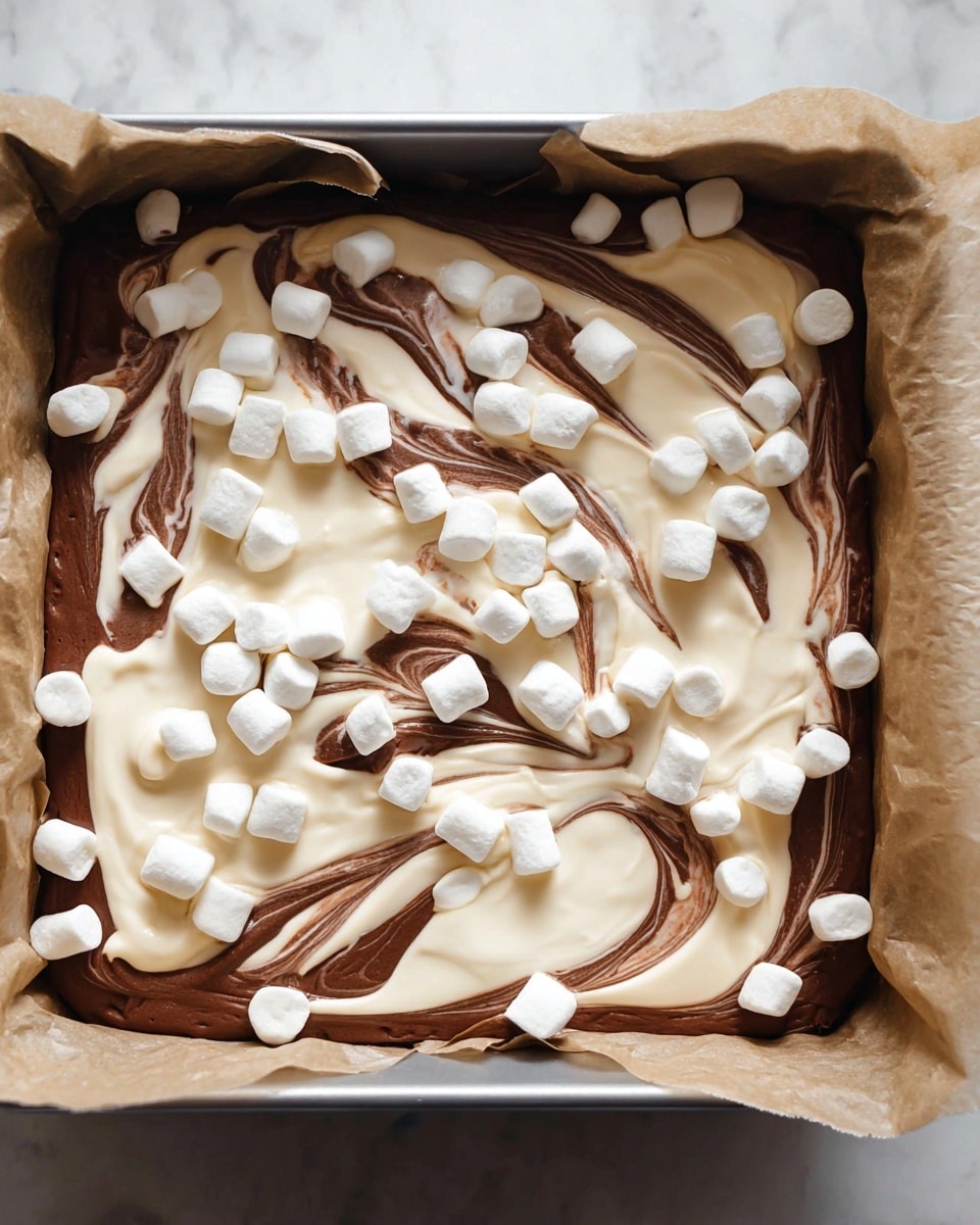The image shows a baking pan lined with parchment paper containing a swirled two-layer dessert. The bottom layer is a rich chocolate brown color with a smooth, thick texture. The top layer is creamy white, swirled into the chocolate layer creating a marbled pattern. Scattered over the top are many small, white, puffy marshmallows, adding a soft, bumpy texture that contrasts with the smooth layers beneath. The whole scene is set on a white marbled surface. photo taken with an iphone --ar 4:5 --v 7