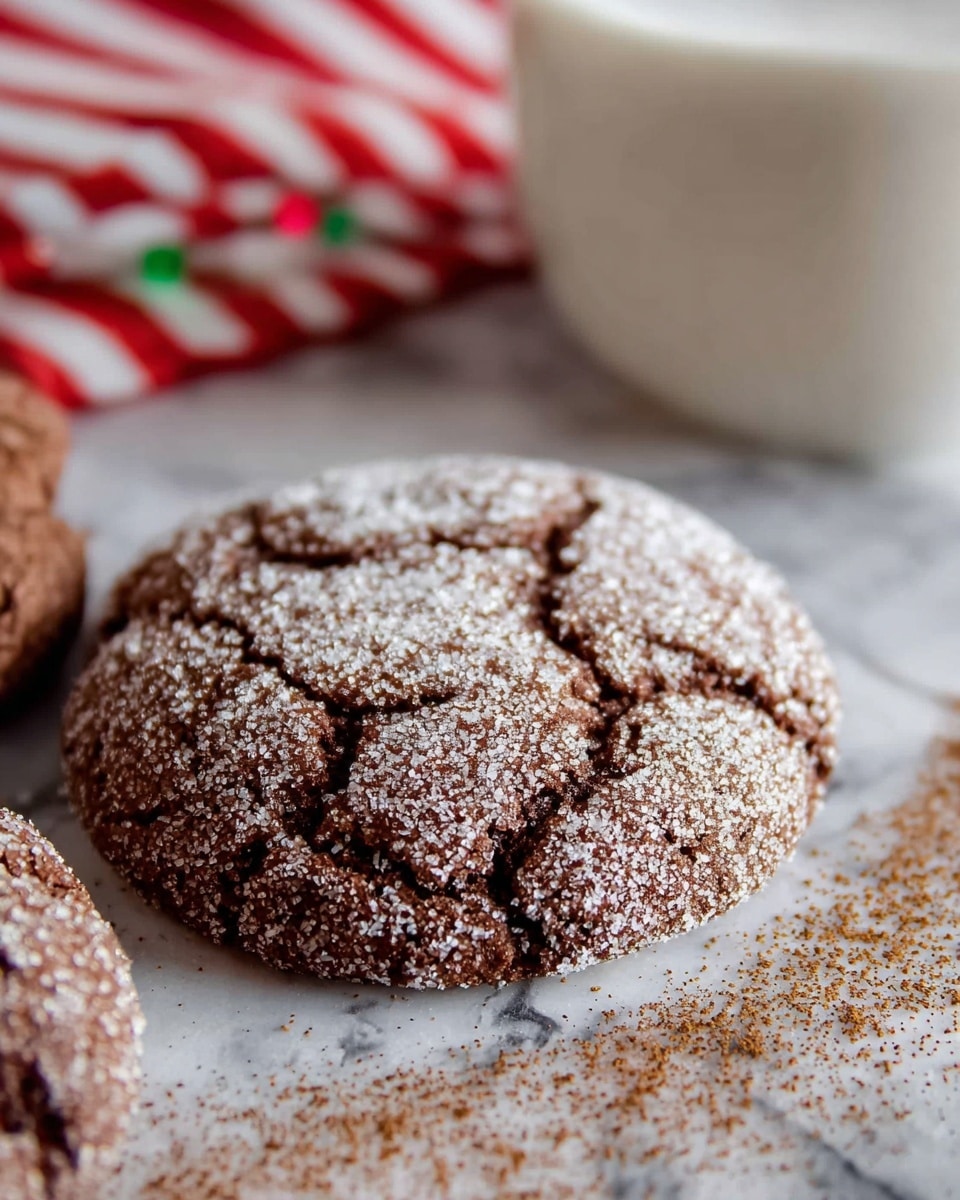 A close-up view of a soft, round chocolate cookie covered evenly with a layer of white sugar and brown cinnamon powder. The cookie has a textured, cracked surface showing darker chocolate areas under the sugar and cinnamon coating. It is placed on a white marbled surface with some sugar and cinnamon scattered around. In the blurred background, a white ceramic cup and a red and white striped cloth are partially visible. Photo taken with an iphone --ar 4:5 --v 7