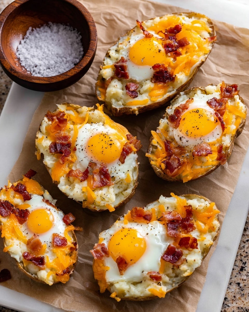 The image shows four twice-baked potato halves arranged on brown parchment paper over a white marbled tray. Each potato half has a base layer of mashed potato with a soft, creamy texture and a light yellow color. On top of the mashed potato, there is a layer of melted shredded orange cheddar cheese scattered around the edges. Each potato is topped with a sunny-side-up egg, bright yellow yolk and white cooked firm but shiny, centered in the middle. Crispy bacon pieces of deep red-brown color are tucked between the egg and cheese layers. The entire dish is sprinkled with black pepper for contrast. To the left of the potatoes, a small brown bowl filled with coarse sea salt is partly visible. Photo taken with an iphone --ar 4:5 --v 7