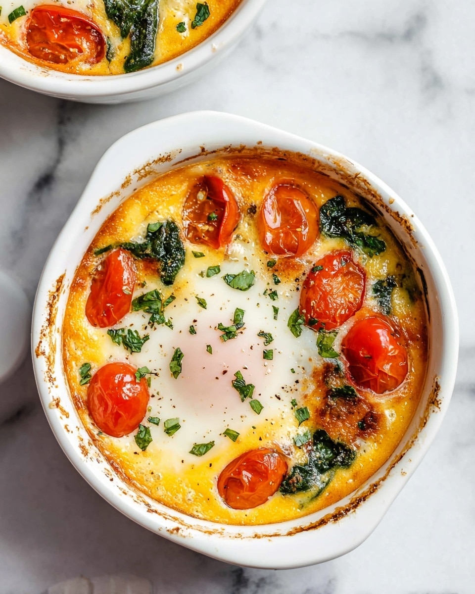 The image shows a white round baking dish filled with a baked egg dish. The base layer is an orange-yellow smooth mixture likely made of eggs and cheese. On top of this are bright red whole roasted cherry tomatoes and dark green spinach leaves spread around. The center layer is a whole baked egg with a white cooked edge and a soft pinkish yolk in the middle. Small green chopped herbs are sprinkled on the egg yolk and around it. The dish edges have some browned baked residue, adding texture. The baking dish sits on a white marbled surface, and part of another identical white dish with the same food is visible beside it. photo taken with an iphone --ar 4:5 --v 7