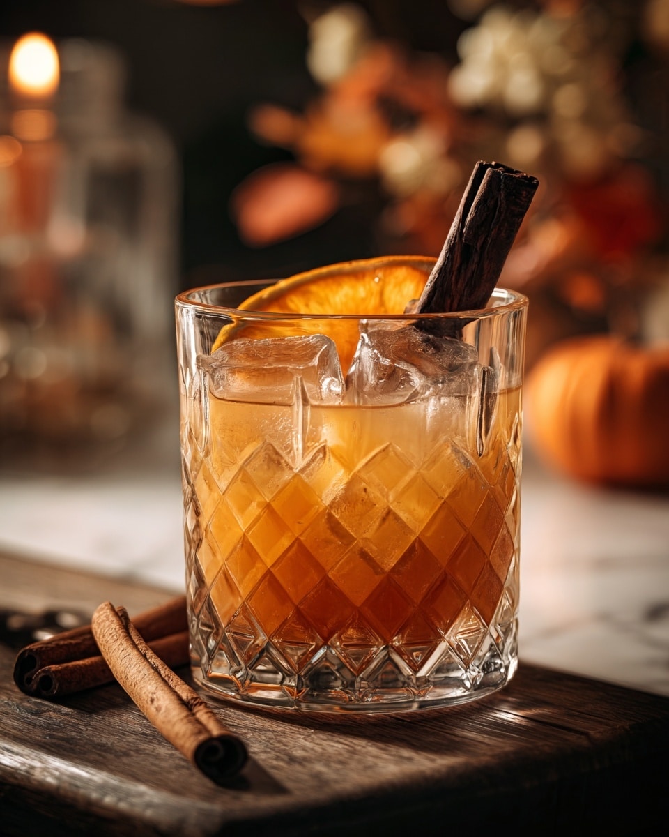 A short clear glass with a diamond pattern is filled with a brown-orange drink and ice cubes. The drink has a cinnamon stick standing upright and an orange slice half visible on the side of the glass. The glass sits on a dark wooden surface with two cinnamon sticks lying beside it. The background shows blurred pumpkins with warm, cozy lighting, and vapor rising above the drink. The whole scene is set on a white marbled texture. photo taken with an iphone --ar 4:5 --v 7