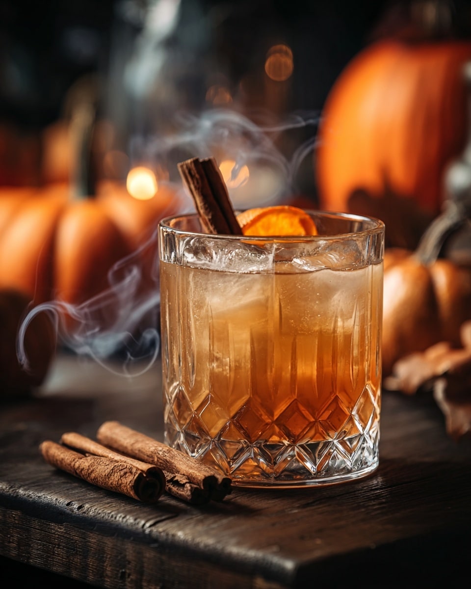 A short clear glass with a diamond pattern contains a layered brown-orange drink filled with large ice cubes. At the top, there is a slice of orange and a dark brown cinnamon stick standing upright, giving the drink a cozy look. The glass sits on a dark wooden surface with two cinnamon sticks nearby. The background shows soft, warm lighting with blurred shapes, creating a cozy, autumn feel on a white marbled texture. Photo taken with an iphone --ar 4:5 --v 7