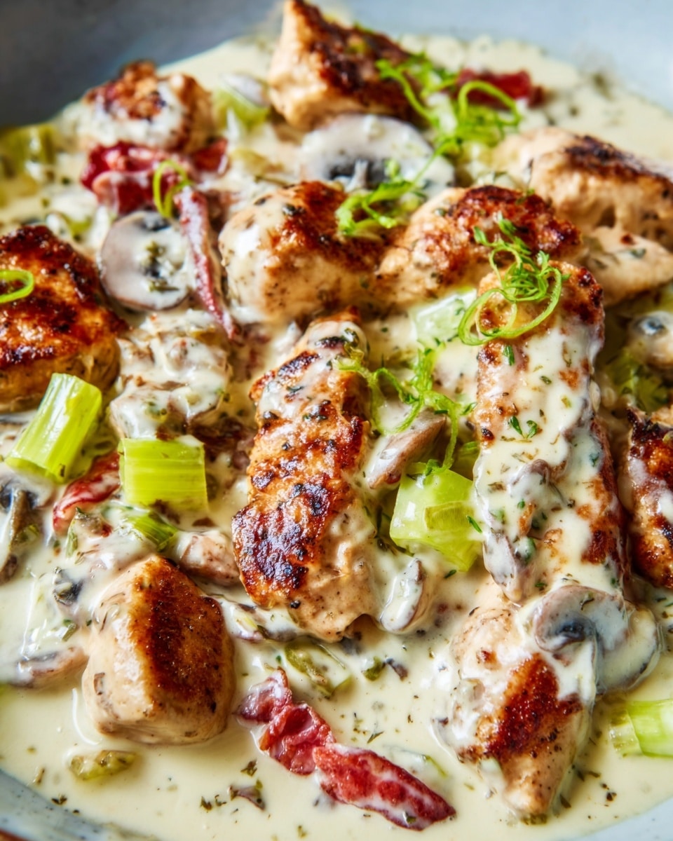 A close-up view of a white plate filled with a creamy dish featuring multiple layers: the base is a smooth, thick light cream sauce with specks of herbs, topped with browned, seared chicken pieces that have a slightly crispy texture and a golden-brown color, scattered with slices of cooked, red and white mushrooms and bright green chopped leeks adding a fresh contrast. The creamy sauce pools around the ingredients, creating a rich blend of colors and textures. Photo taken with an iphone --ar 4:5 --v 7