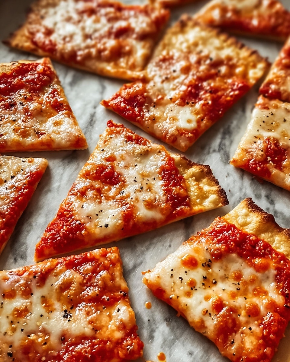 The image shows many small, thin slices of pizza with two shapes, mostly rectangular and some triangular, placed closely together on a baking tray lined with parchment paper. Each slice has a golden brown crust with a slightly crispy texture, topped with a vibrant red layer of tomato sauce and a layer of melted, bubbly, white cheese with hints of light brown spots. Small black pepper flakes are sprinkled evenly across the cheese. The light reflects off the cheese, giving it a glossy, fresh appearance. The scene is set on a white marbled texture surface. photo taken with an iphone --ar 4:5 --v 7